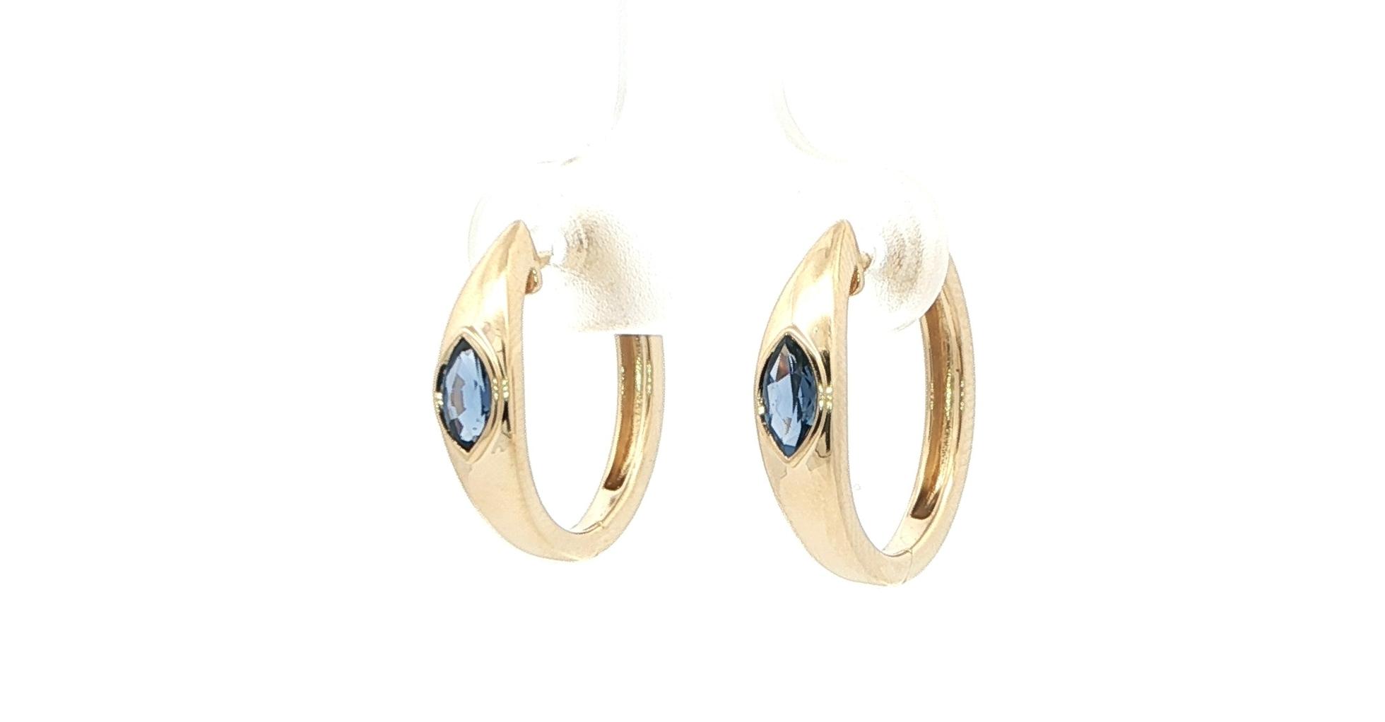 Bezel-set Marquise-cut Montana Yogo Sapphire Yellow Gold Hoop Earrings (0.44cts TWT) angled