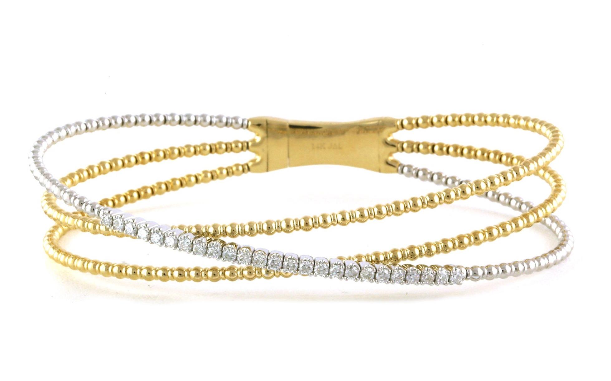 Two Tone Flexible Triple Overlapping Strand Diamond Bracelet in White and Yellow Gold (0.47cts TWT)
