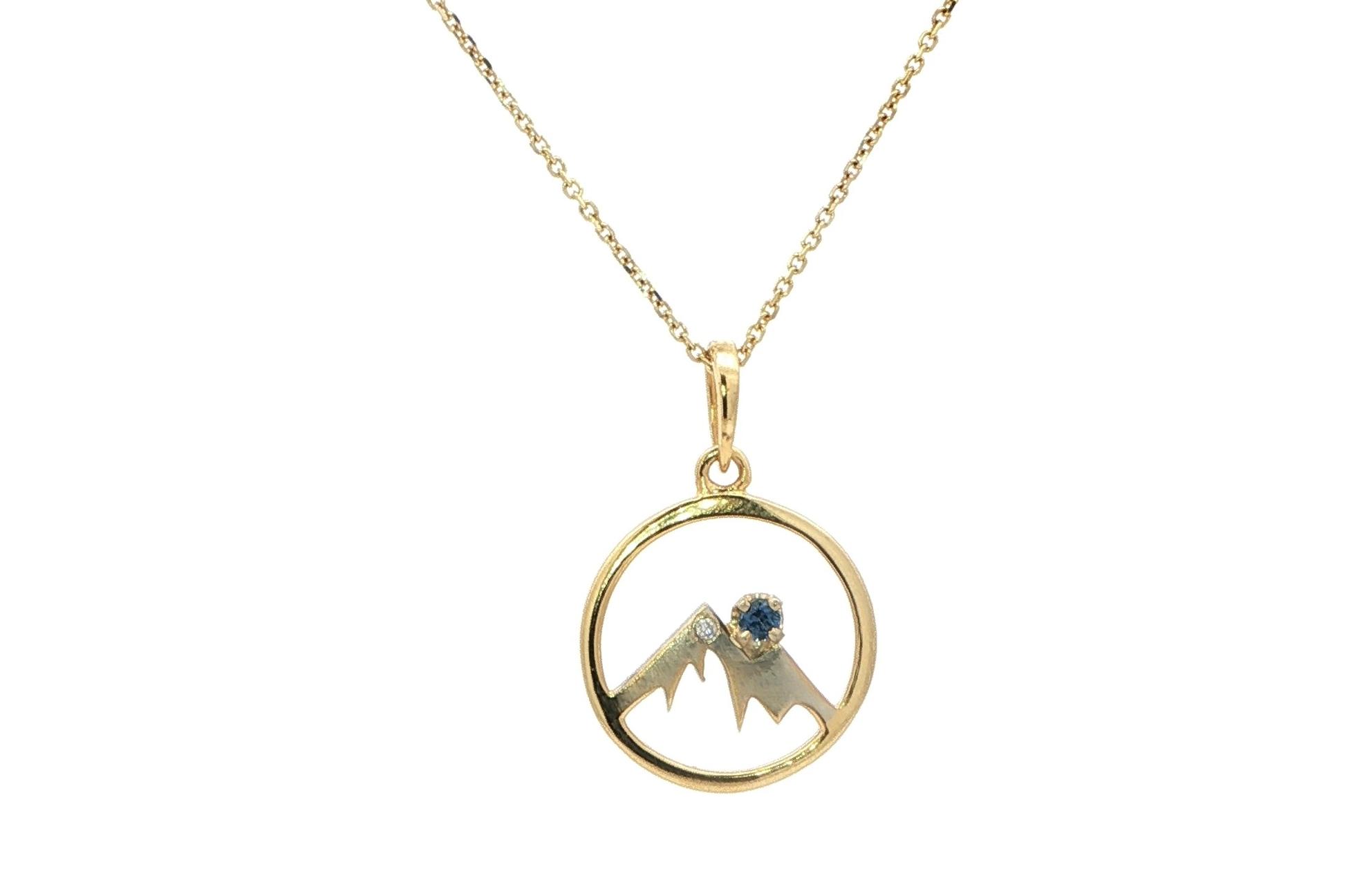 Montana Yogo Sapphire and Diamond Mountain Circle Pendant in Yellow Gold (0.07cts TWT)