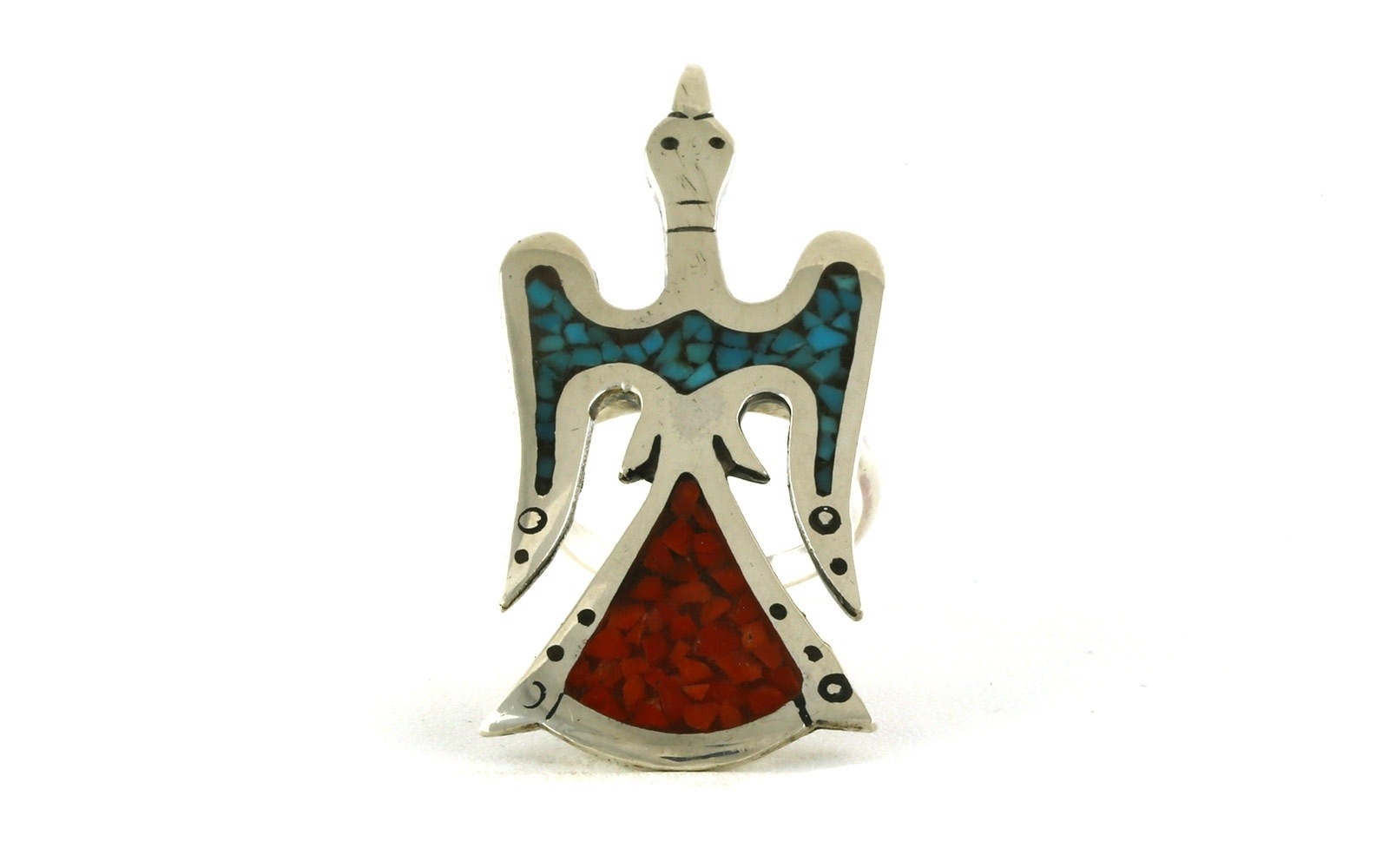 Estate Piece: Thunderbird Turquoise and Coral Ring in Sterling Silver