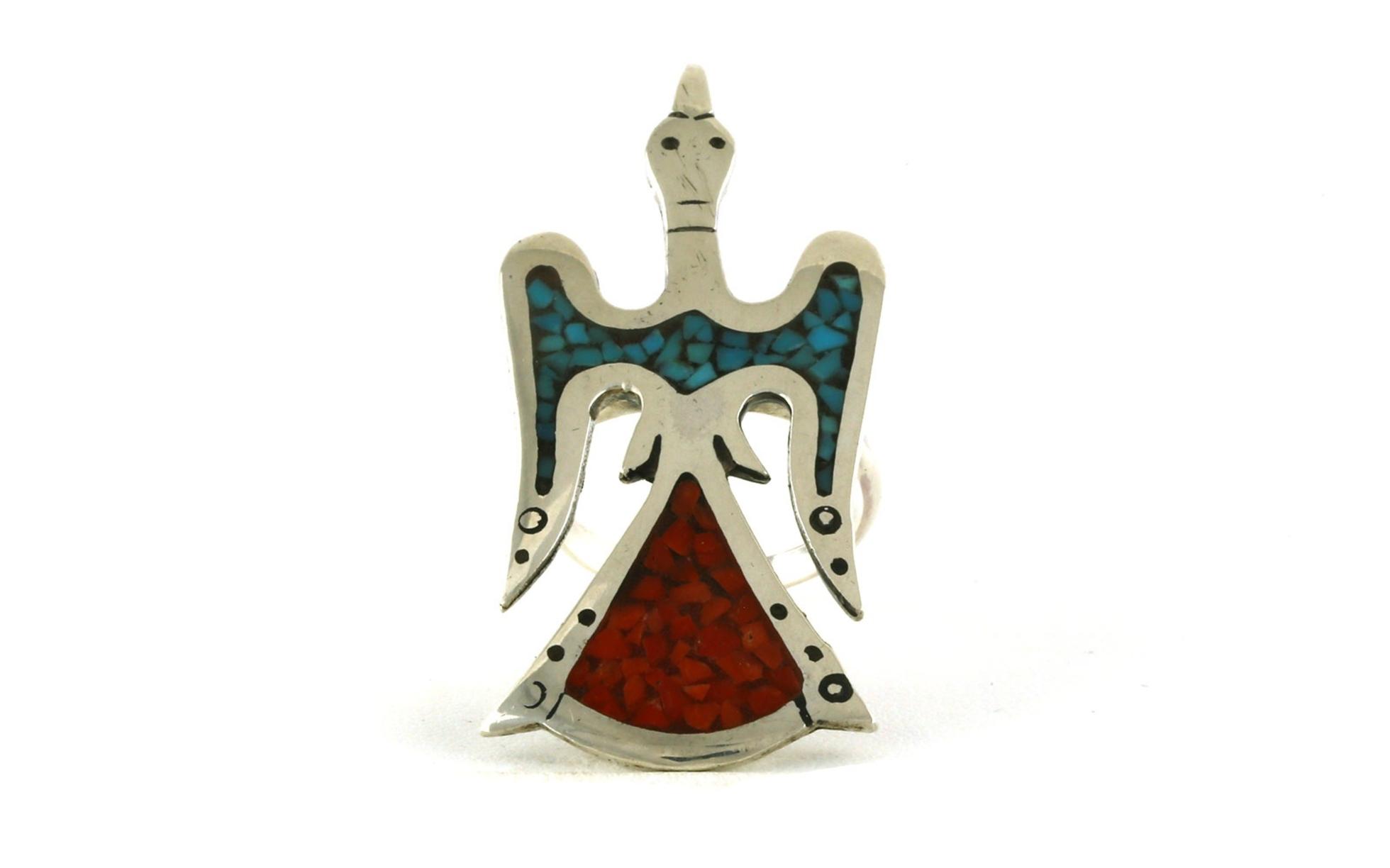 Estate Piece: Thunderbird Turquoise and Coral Ring in Sterling Silver