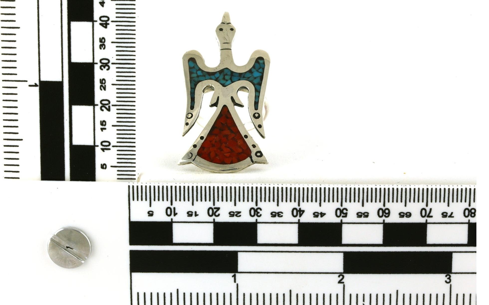 Estate Piece: Thunderbird Turquoise and Coral Ring in Sterling Silver scale