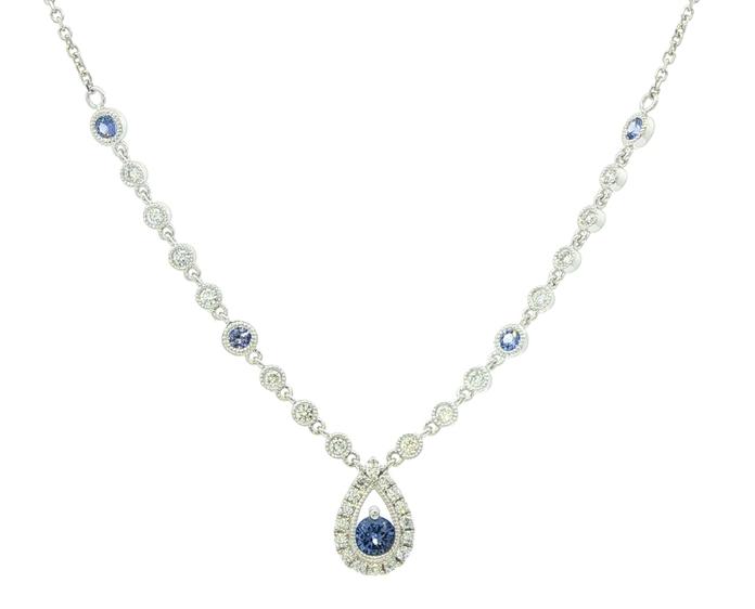 content/products/Teardrop Halo Montana Yogo Sapphire Necklace with Diamond and Yogo Stations on Chain in White Gold (0.60cts TWT)