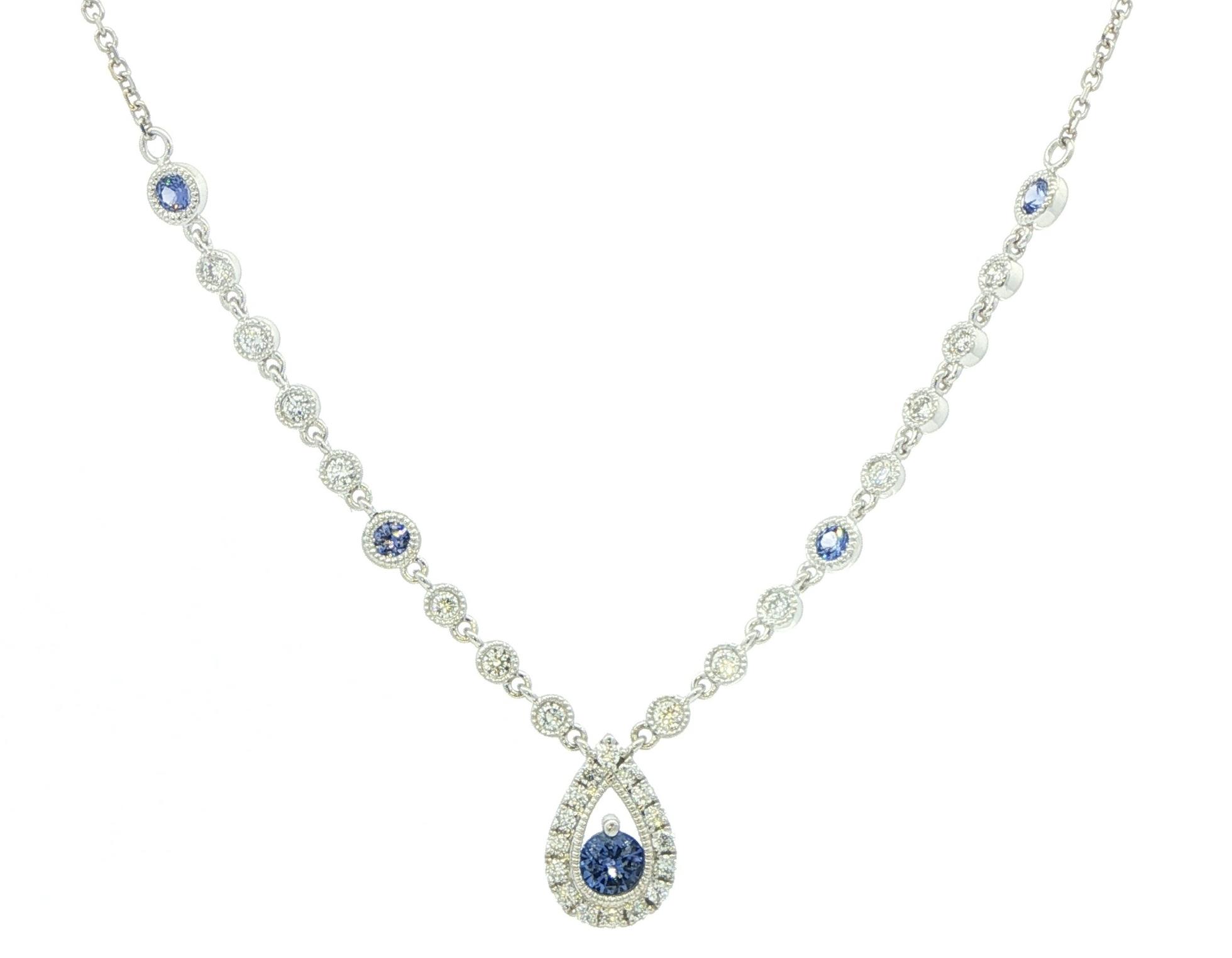 Teardrop Halo Montana Yogo Sapphire Necklace with Diamond and Yogo Stations on Chain in White Gold (0.60cts TWT)