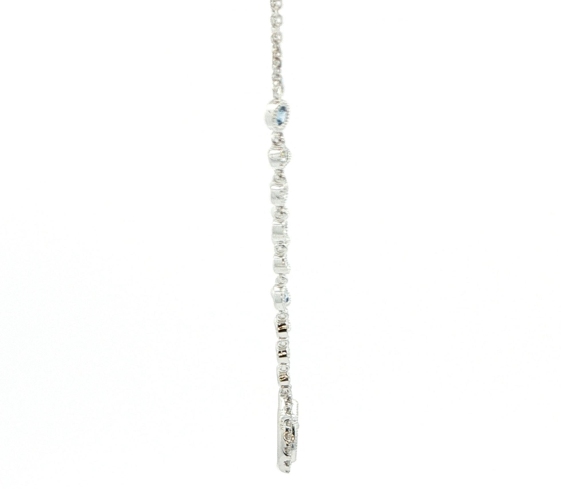 Teardrop Halo Montana Yogo Sapphire Necklace with Diamond and Yogo Stations on Chain in White Gold (0.60cts TWT) side
