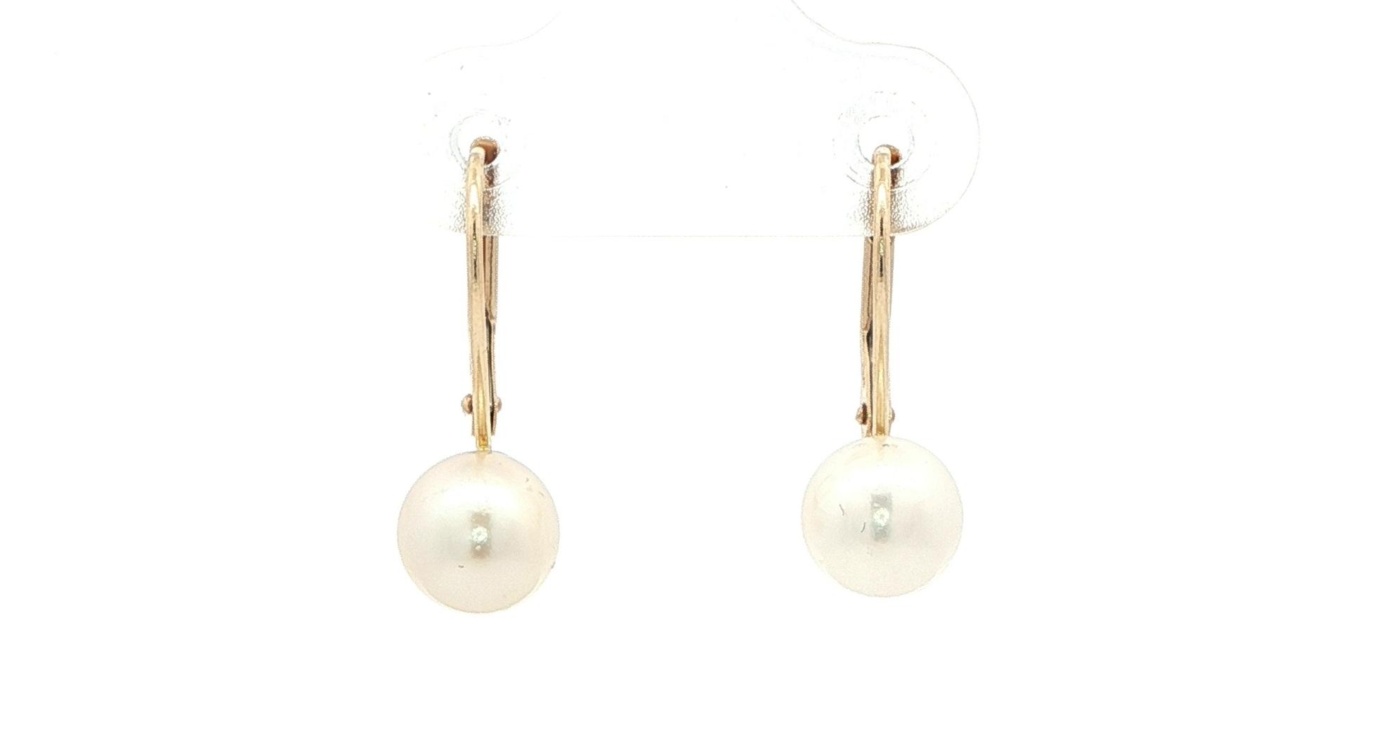 Classic Pearl Drop Leverback Earrings in Yellow Gold