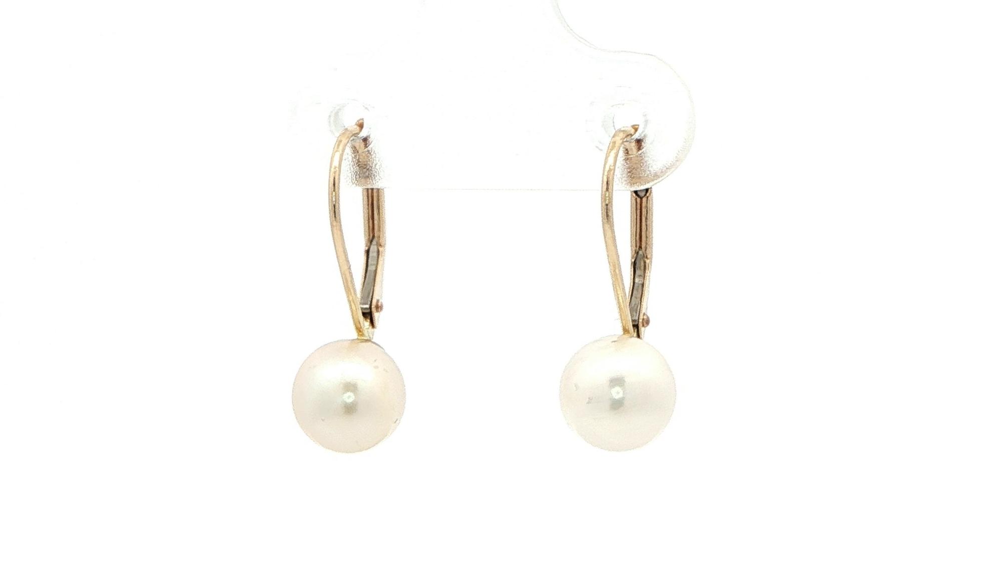Classic Pearl Drop Leverback Earrings in Yellow Gold angled