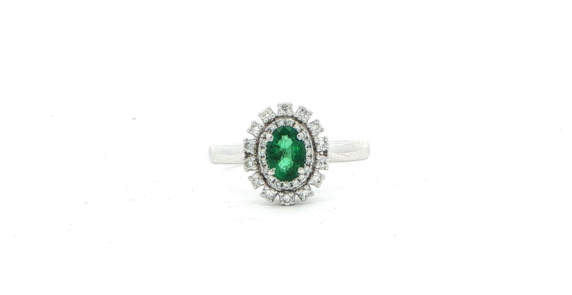 Estate Piece: Double Halo Oval Emerald and Diamond Cocktail Ring in White Gold (0.75cts TWT)