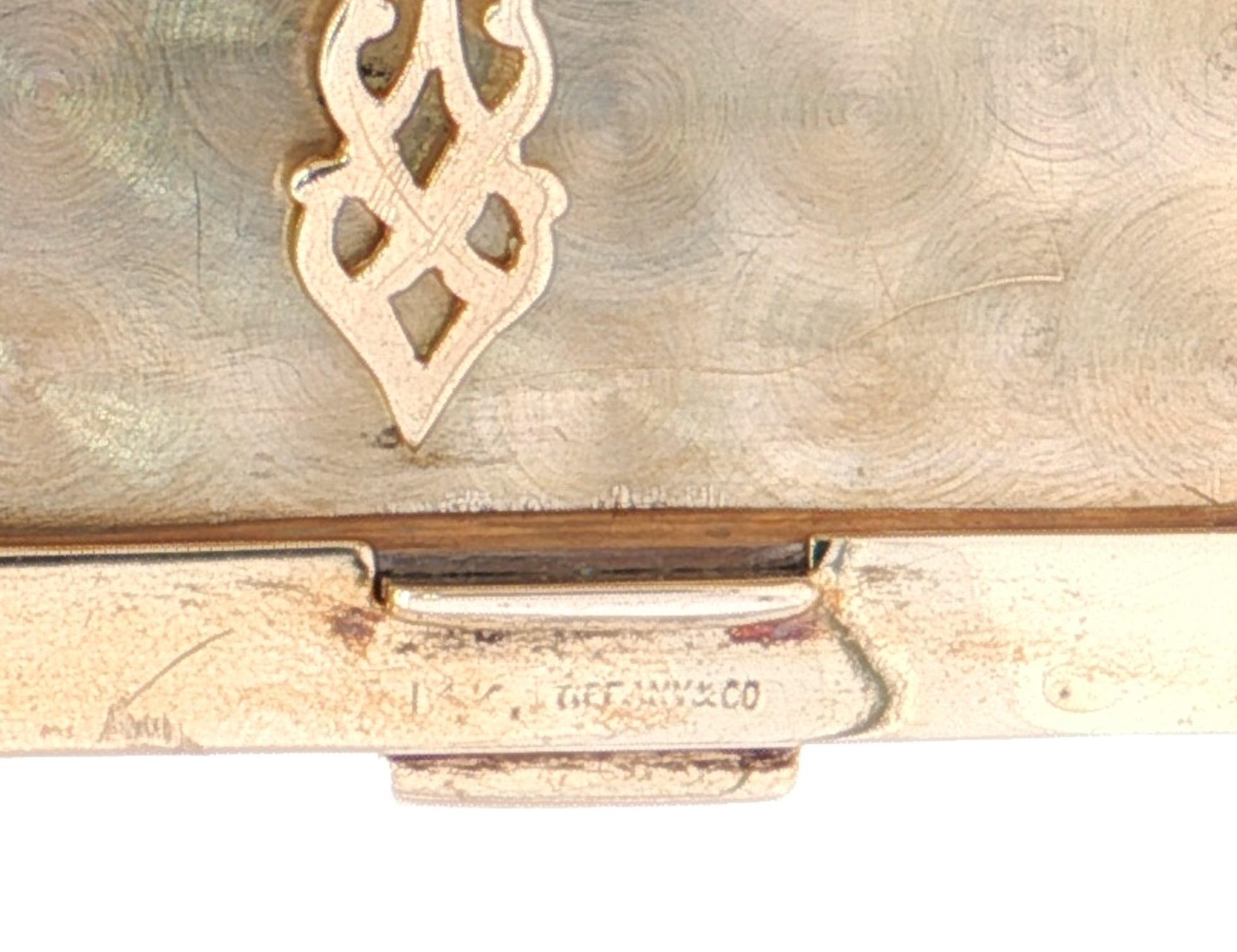 Estate Piece: Vintage Tiffany & Co. Art Deco Cigarette Case with Jade Inlays in Yellow Gold stamp