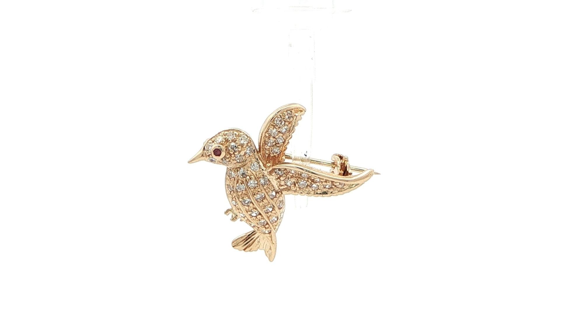 Estate Piece: Pavé Diamond Humming Bird Brooch with Ruby Eye in Yellow Gold (0.50cts TWT)
