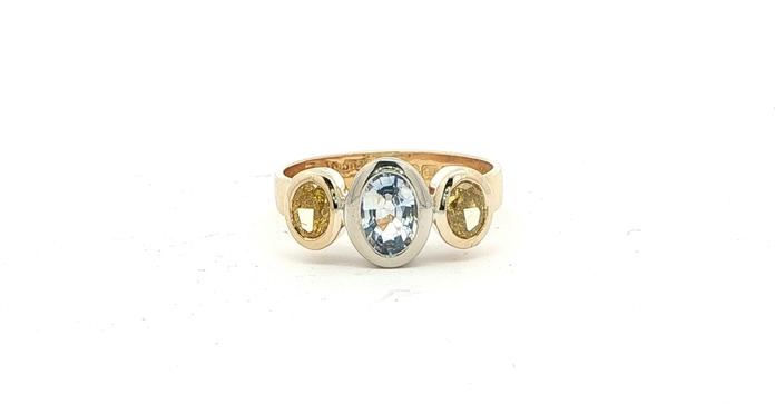 content/products/Estate Piece: 3-Stone Oval Pale Blue Sapphire and Yellow Diamond Ring in Two-tone Yellow and White Gold (1.50cts TWT)