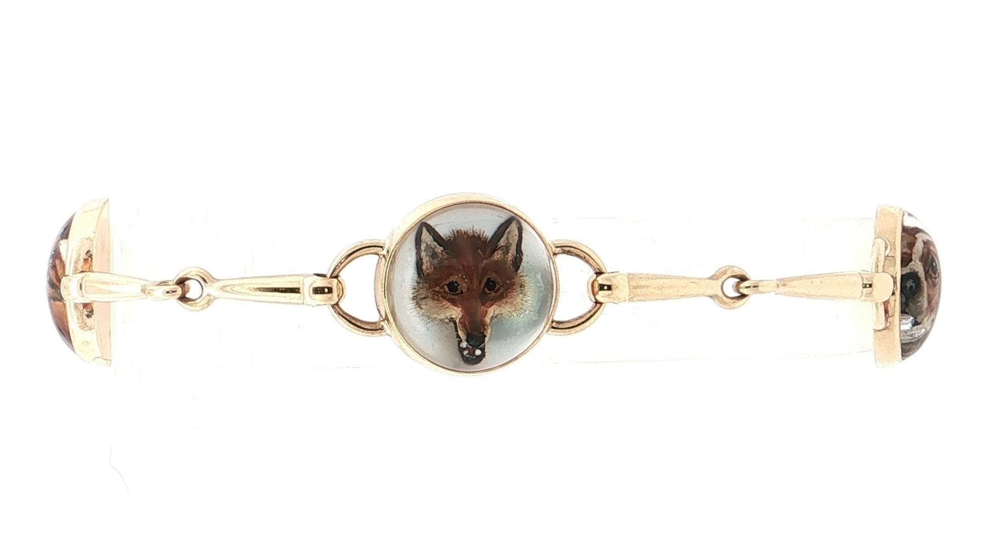 Estate Piece: Essex Crystal Carved and Painted Illustrative Hunting Bracelet in Yellow Gold fox