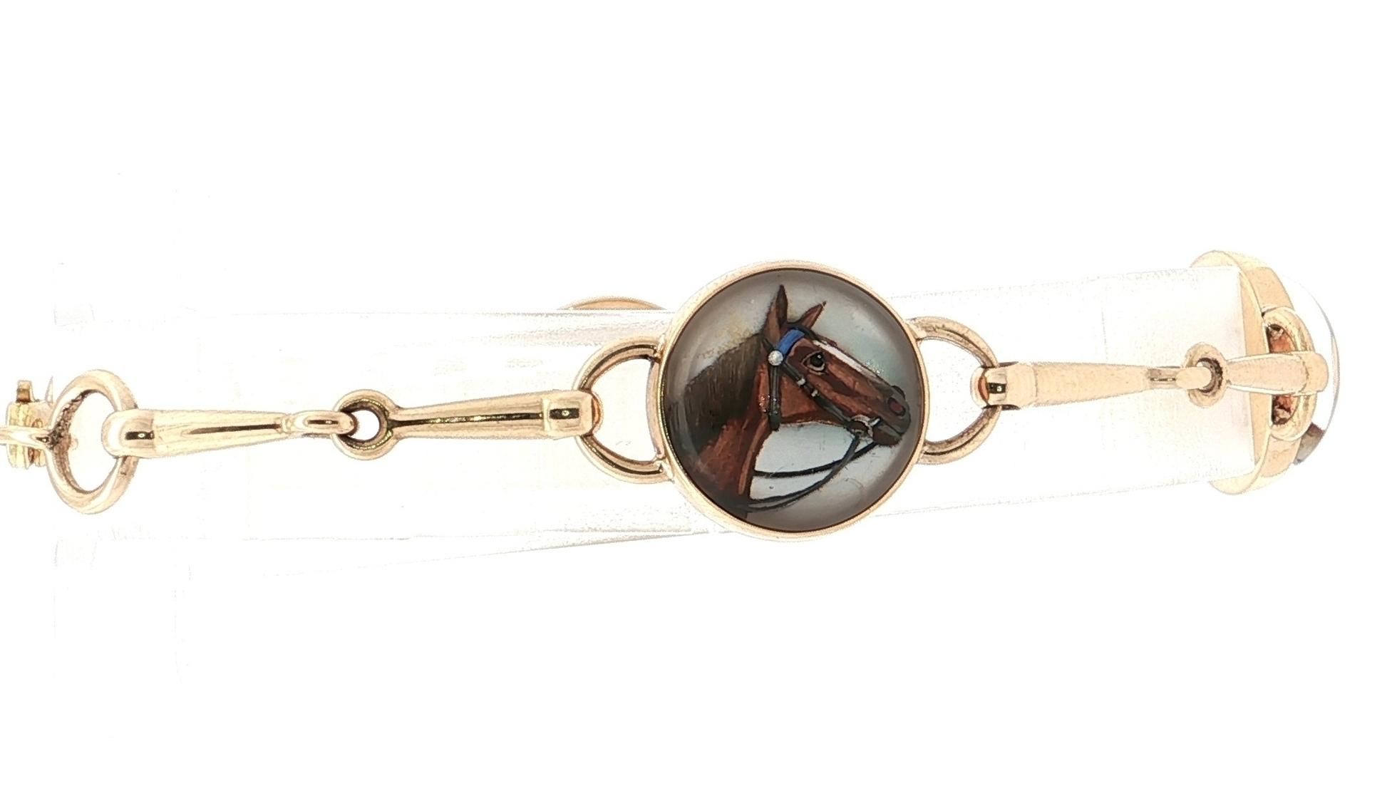 Estate Piece: Essex Crystal Carved and Painted Illustrative Hunting Bracelet in Yellow Gold  horse