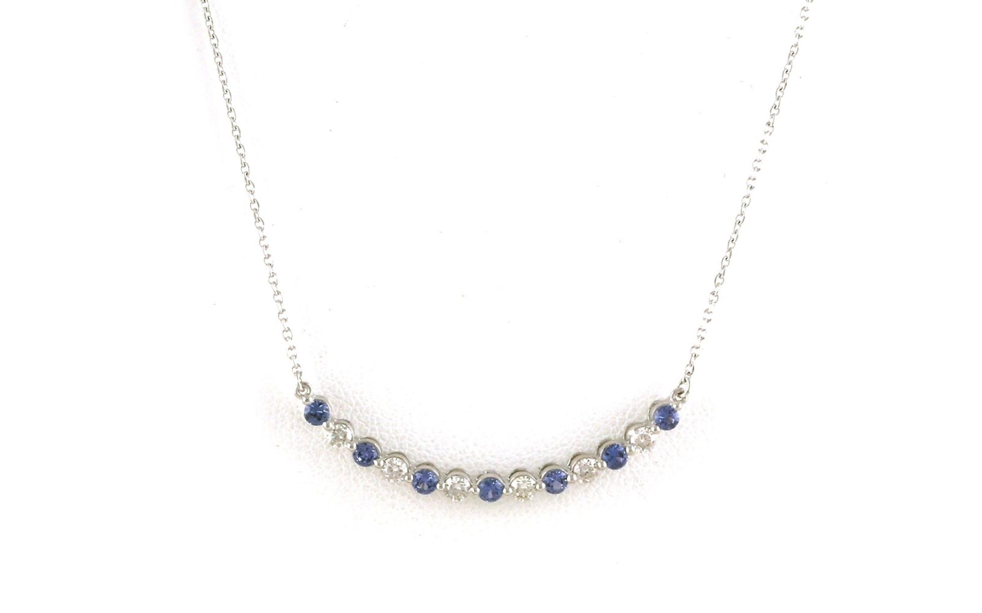 Alternating Montana Yogo Sapphire and Diamond Share-Prong Curved Bar Necklace in White Gold (0.58cts TWT)
