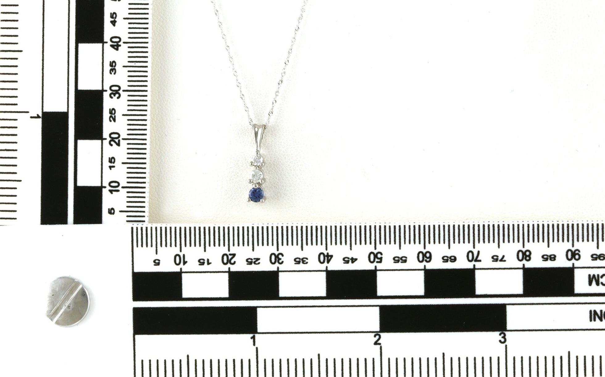 3-Stone Vertical Drop Montana Yogo Sapphire and Diamond Necklace in White Gold (0.236cts TWT) scale