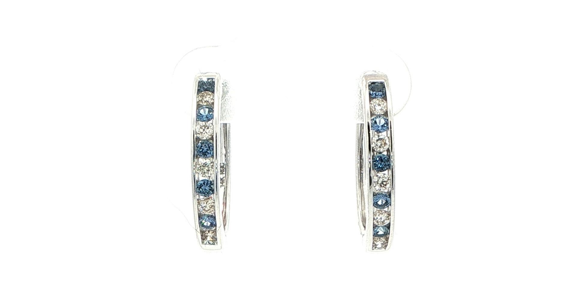 Channel-set Alternating Diamonds and Montana Yogo Sapphire Hoop Earrings in White Gold (0.50cts TWT)