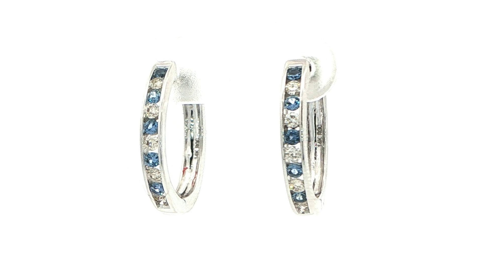 Channel-set Alternating Diamonds and Montana Yogo Sapphire Hoop Earrings in White Gold (0.50cts TWT) angled