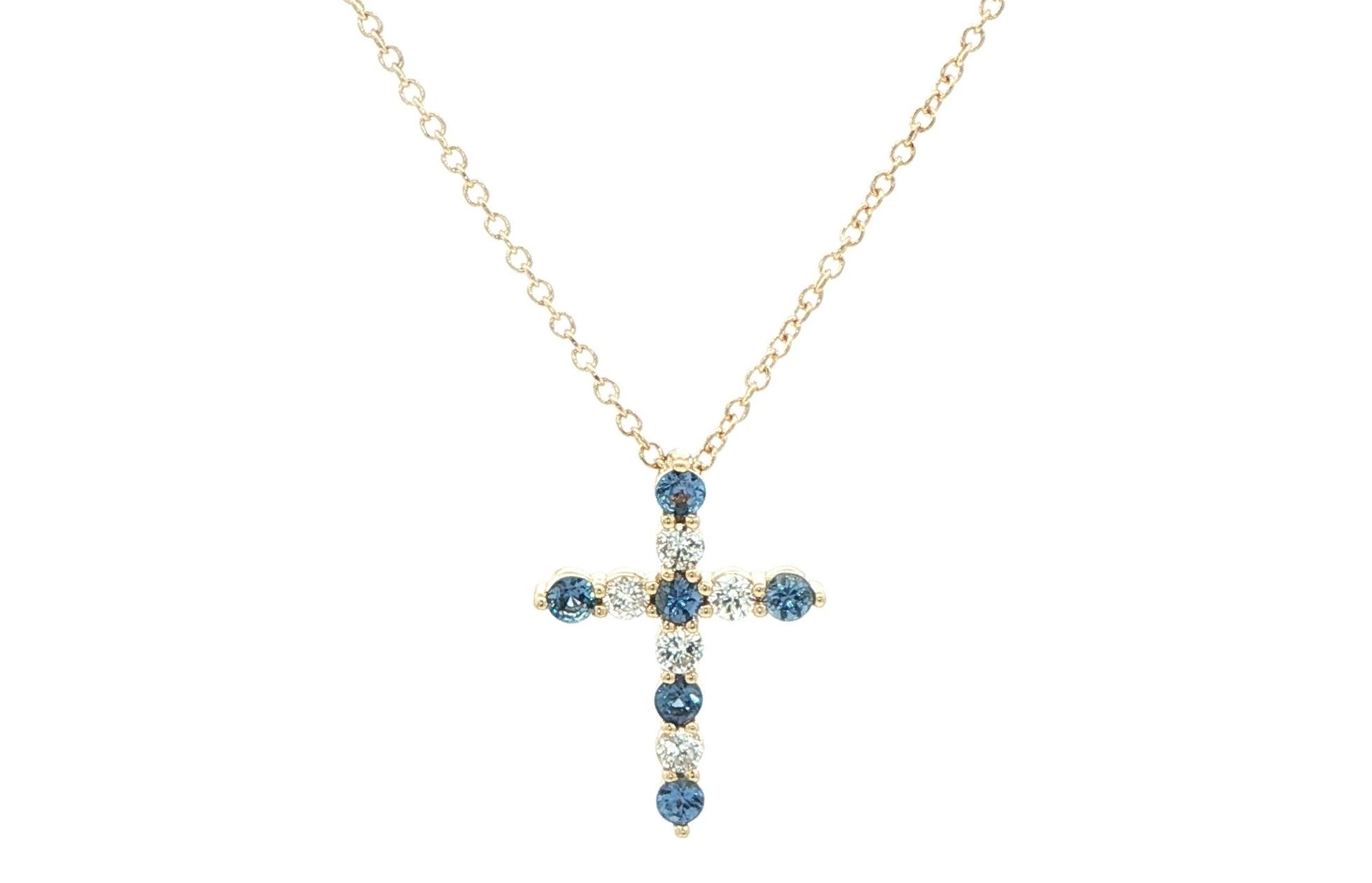 11-Stone Montana Yogo Sapphire and Diamond Cross Necklace in Yellow Gold (0.46cts TWT)