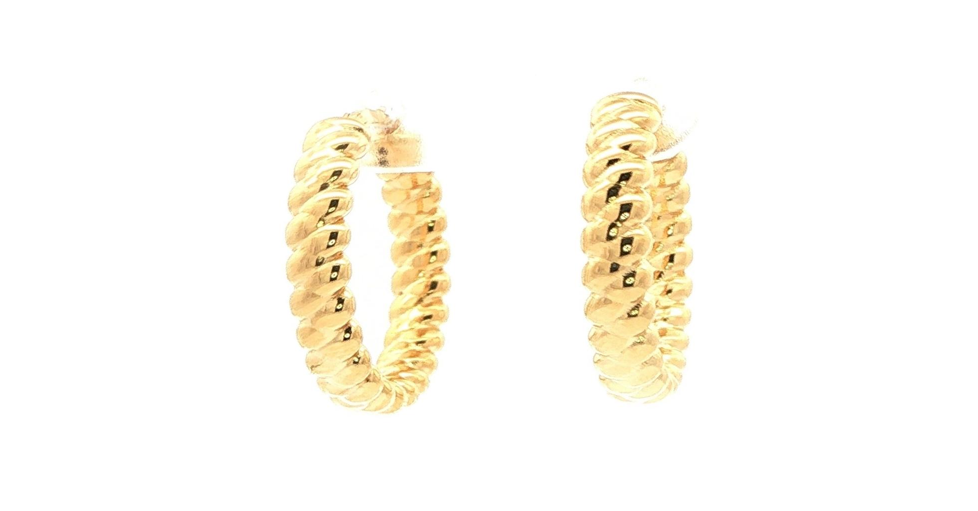Hollow Textured Hoop Earrings in Yellow Gold angled
