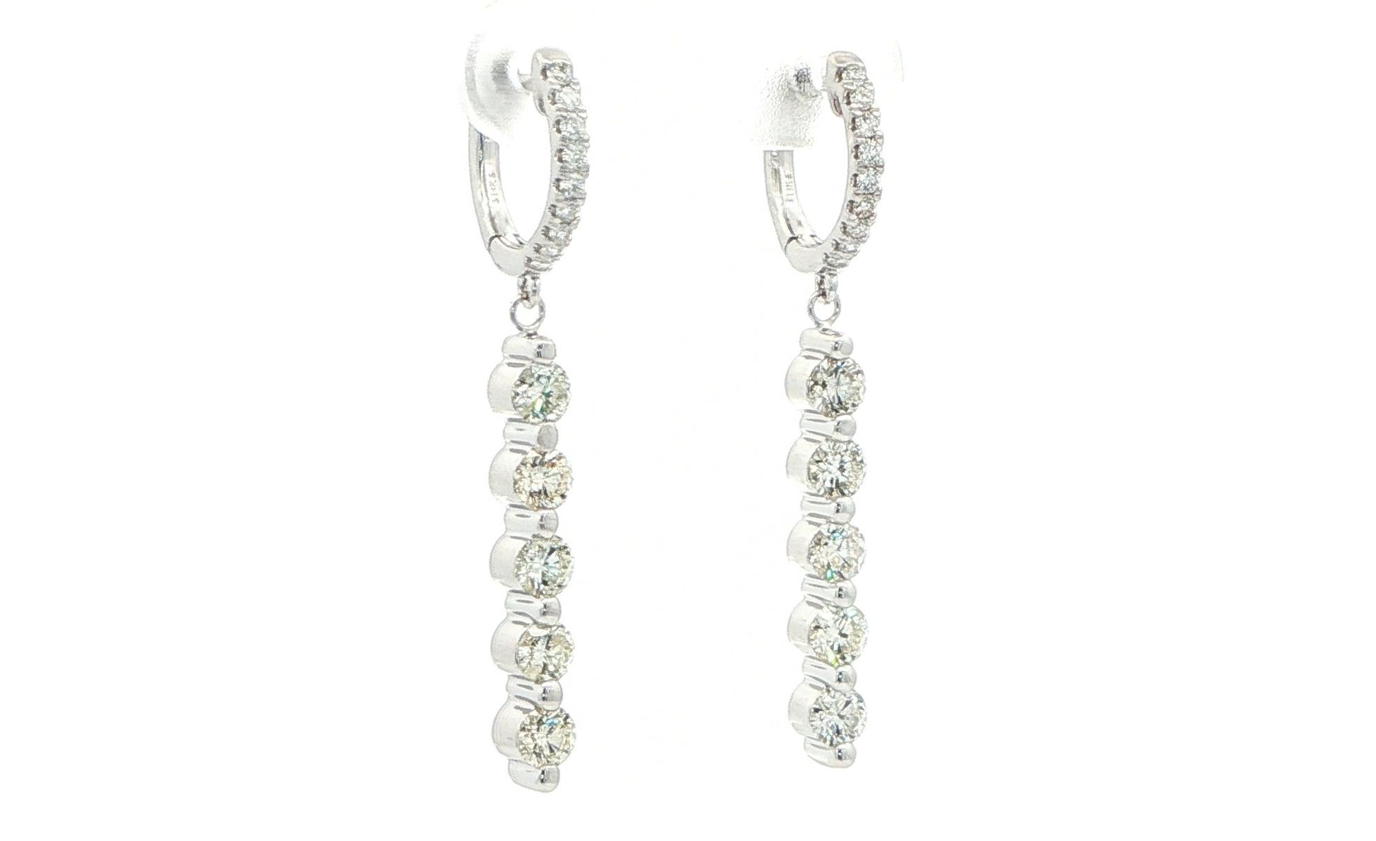 Estate Piece: 5-Stone Bar-style Diamond Dangle Earrings in White Gold (1.33cts TWT) angled