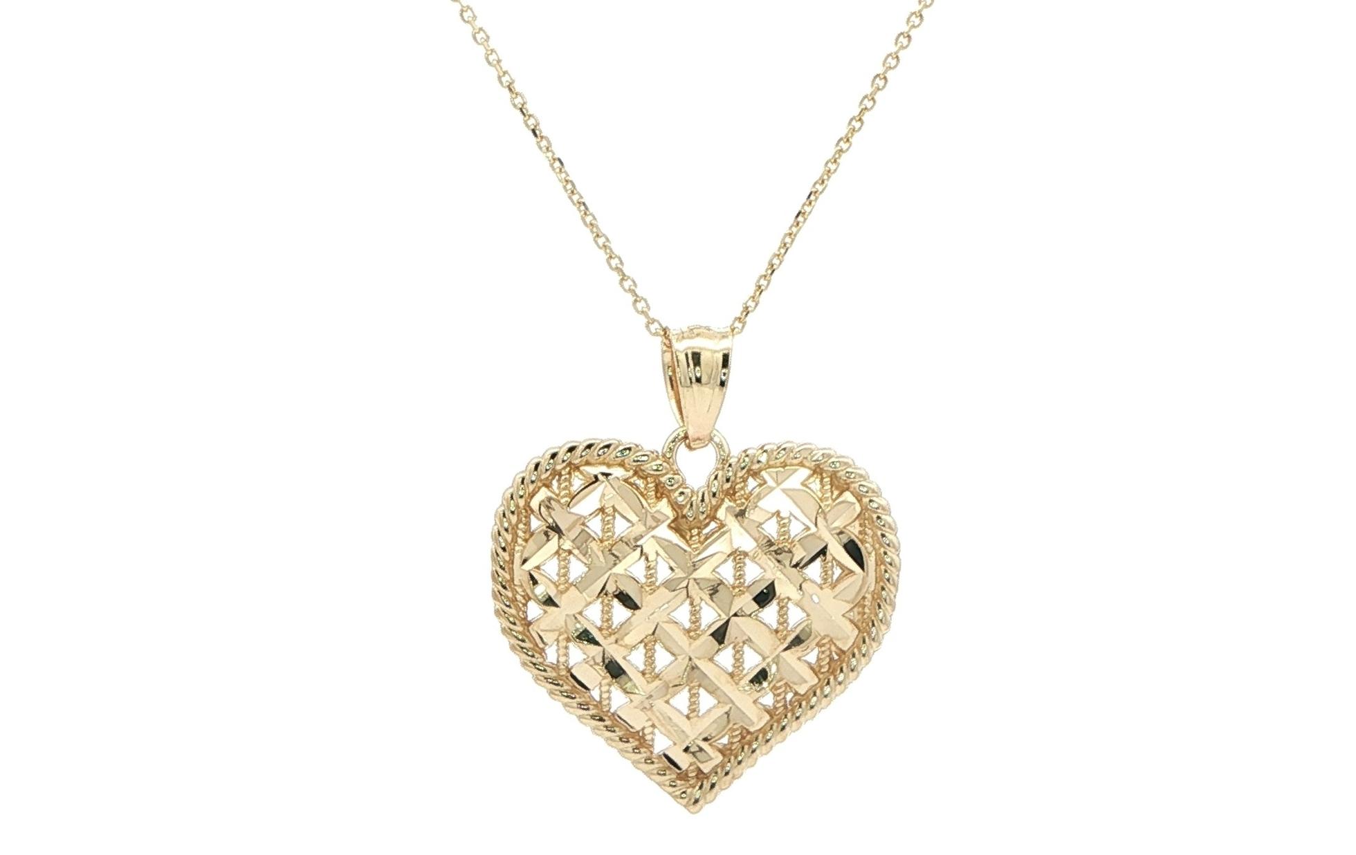 Estate Piece: Faceted Texture Heart Necklace with Twisted Rope Chain Edge Detail in Yellow Gold