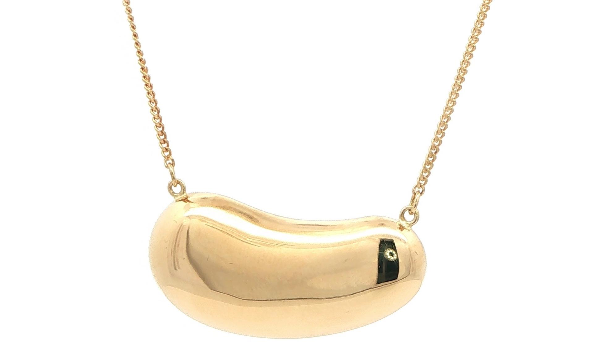Estate Piece: High Polish Hollow Bean Necklace on Split Chain in Yellow Gold