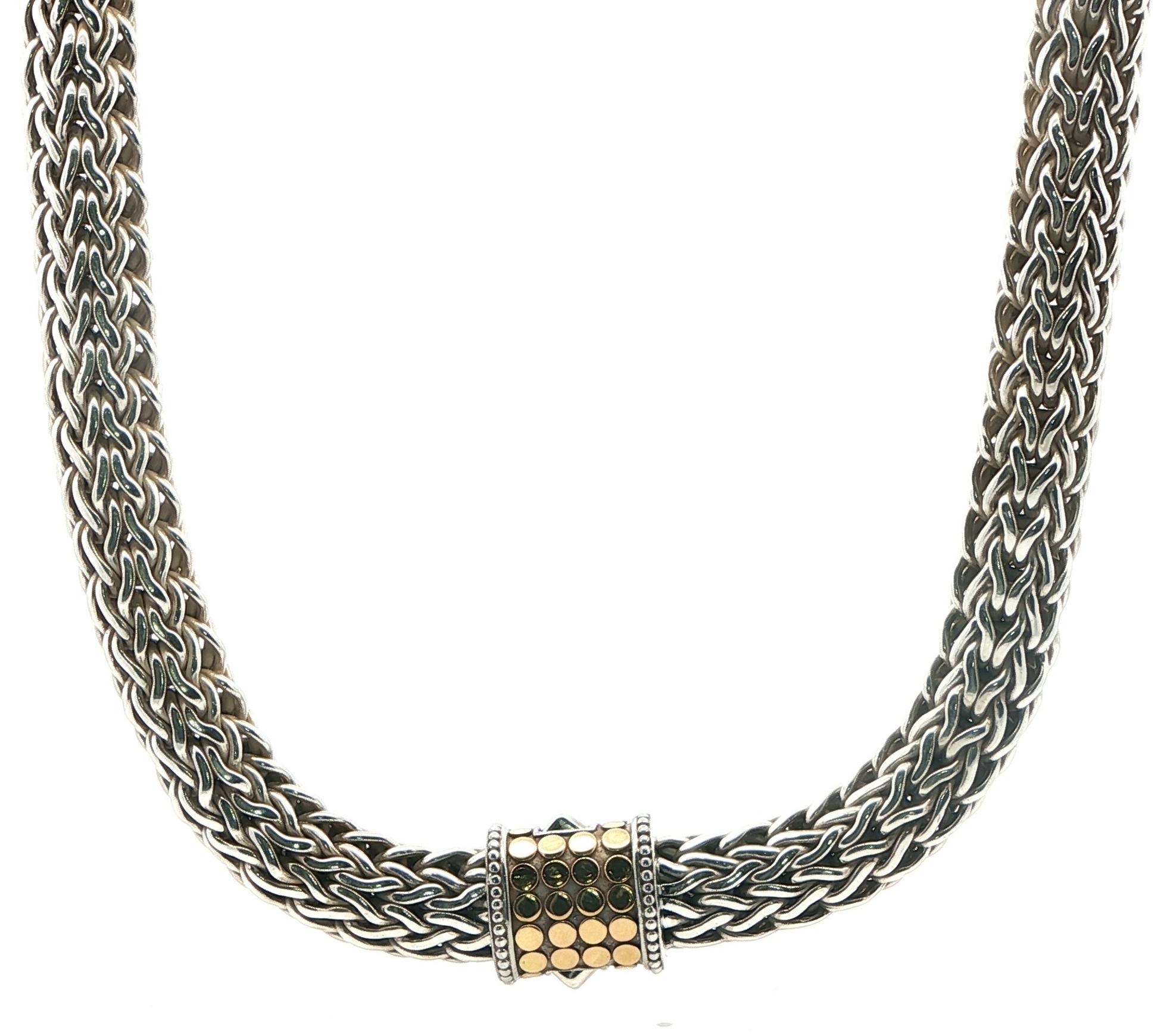 Estate Piece: John Hardy Woven Chain Necklace with Dot Clasp in Yellow Gold and Sterling Silver