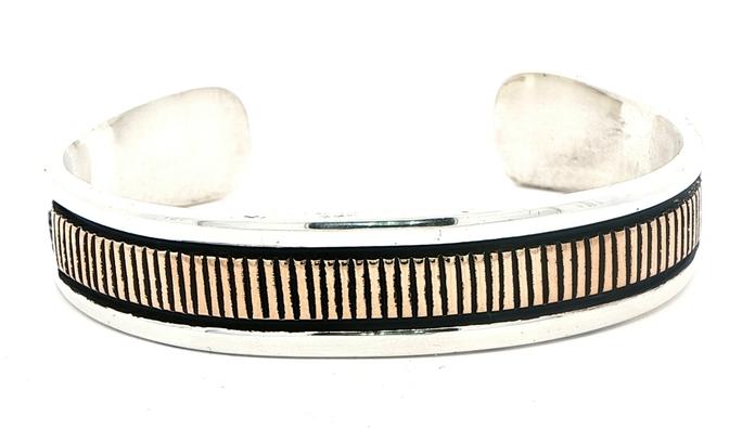 content/products/Estate Piece: B. Morgan Striped Cuff Bracelet in Yellow Gold and Sterling Silver