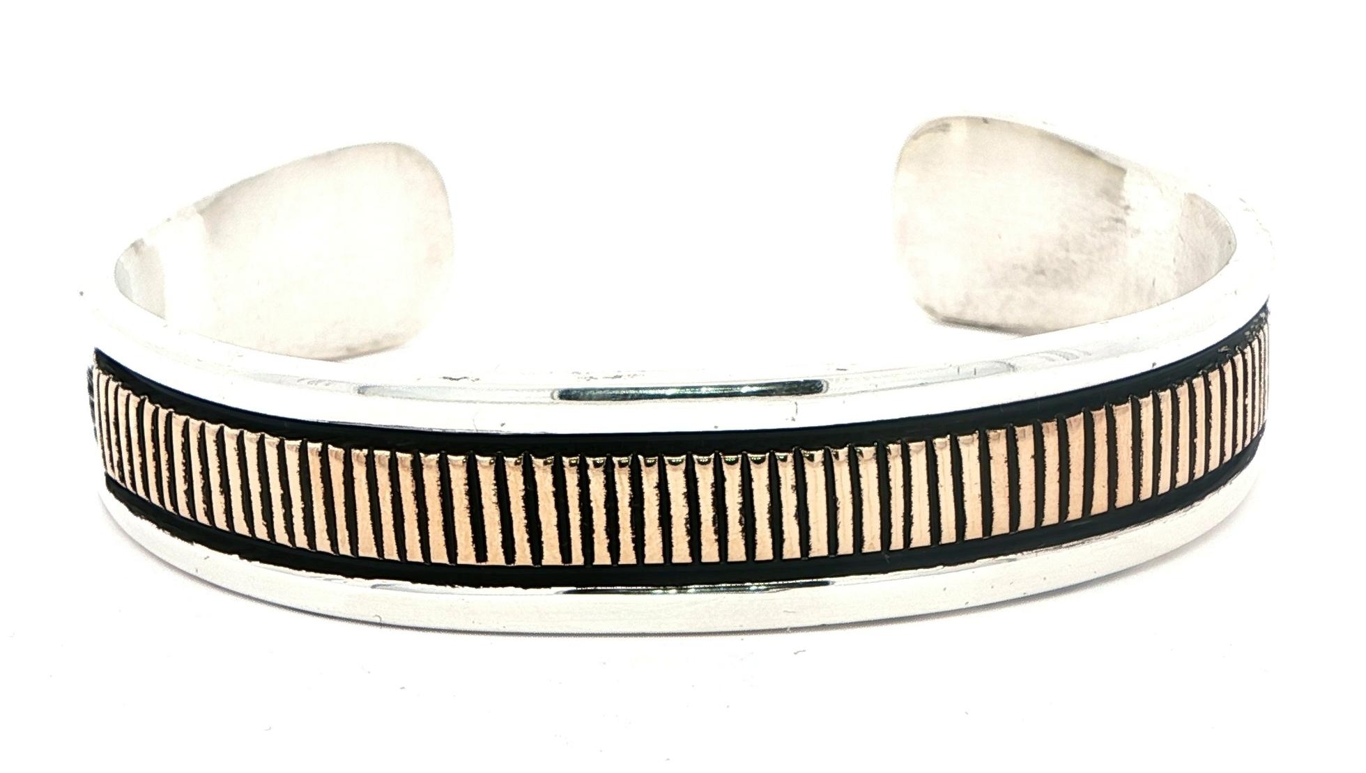 Estate Piece: B. Morgan Striped Cuff Bracelet in Yellow Gold and Sterling Silver