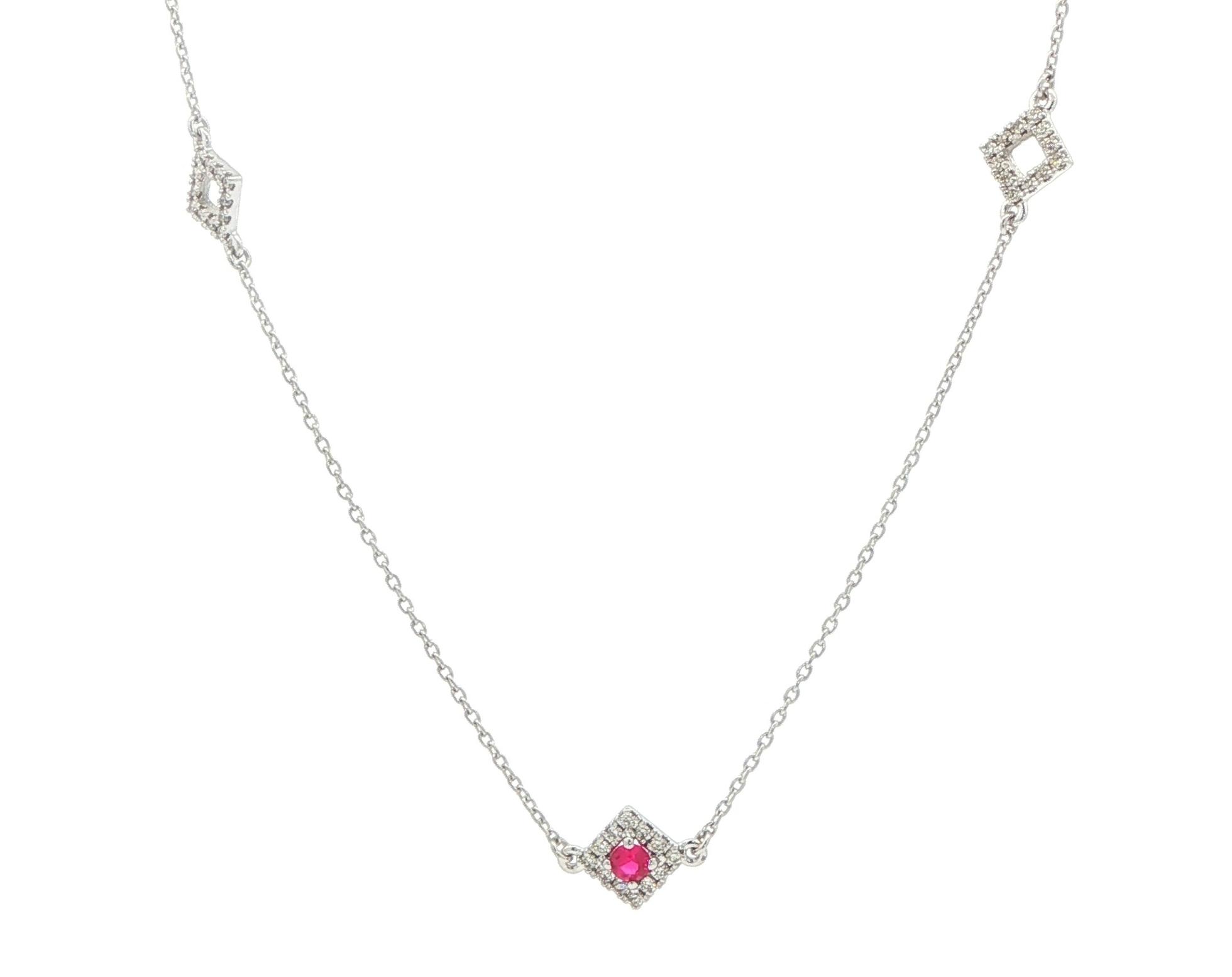 Square Halo Ruby and Diamond Station Necklace in White Gold (0.25cts TWT)