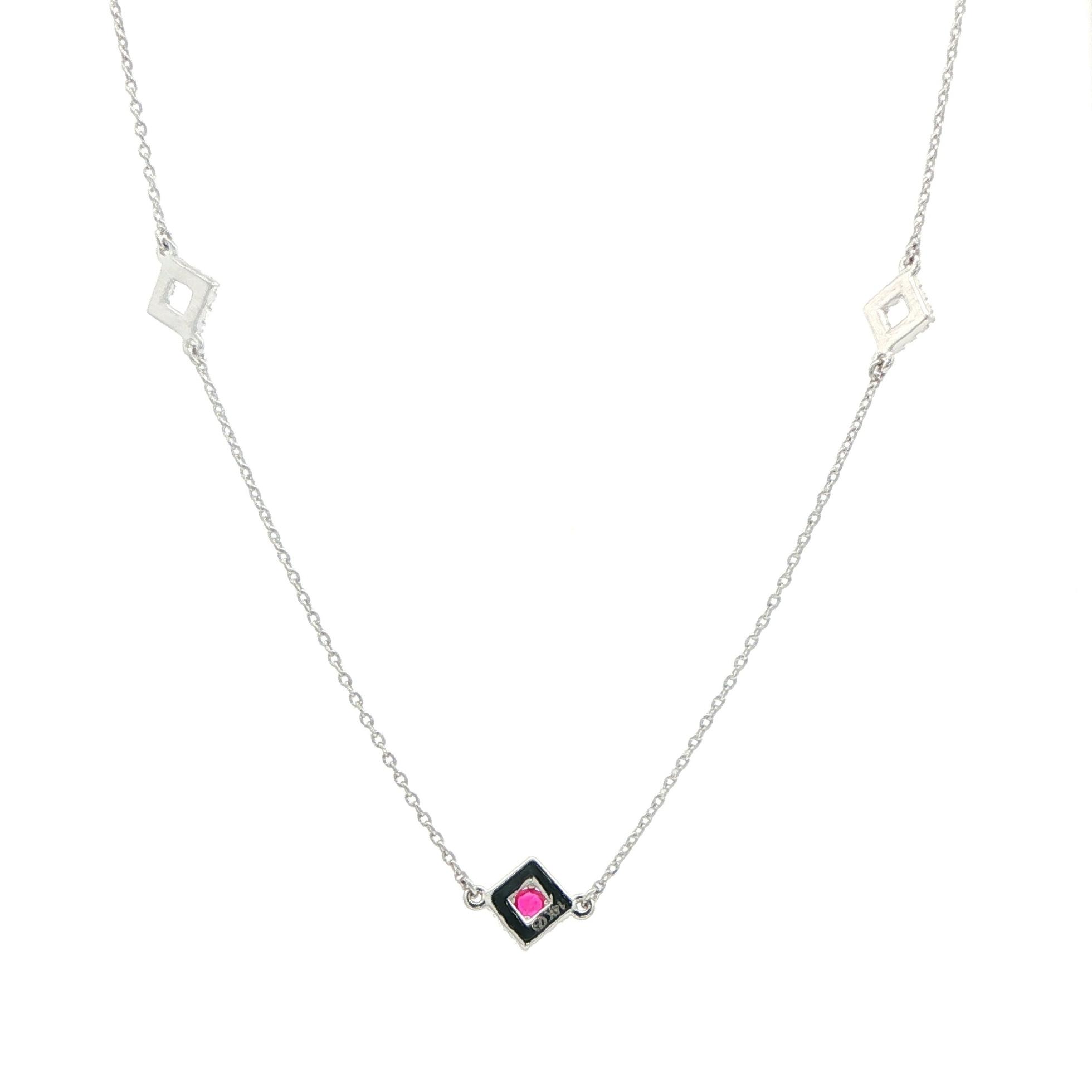 Square Halo Ruby and Diamond Station Necklace in White Gold (0.25cts TWT) back