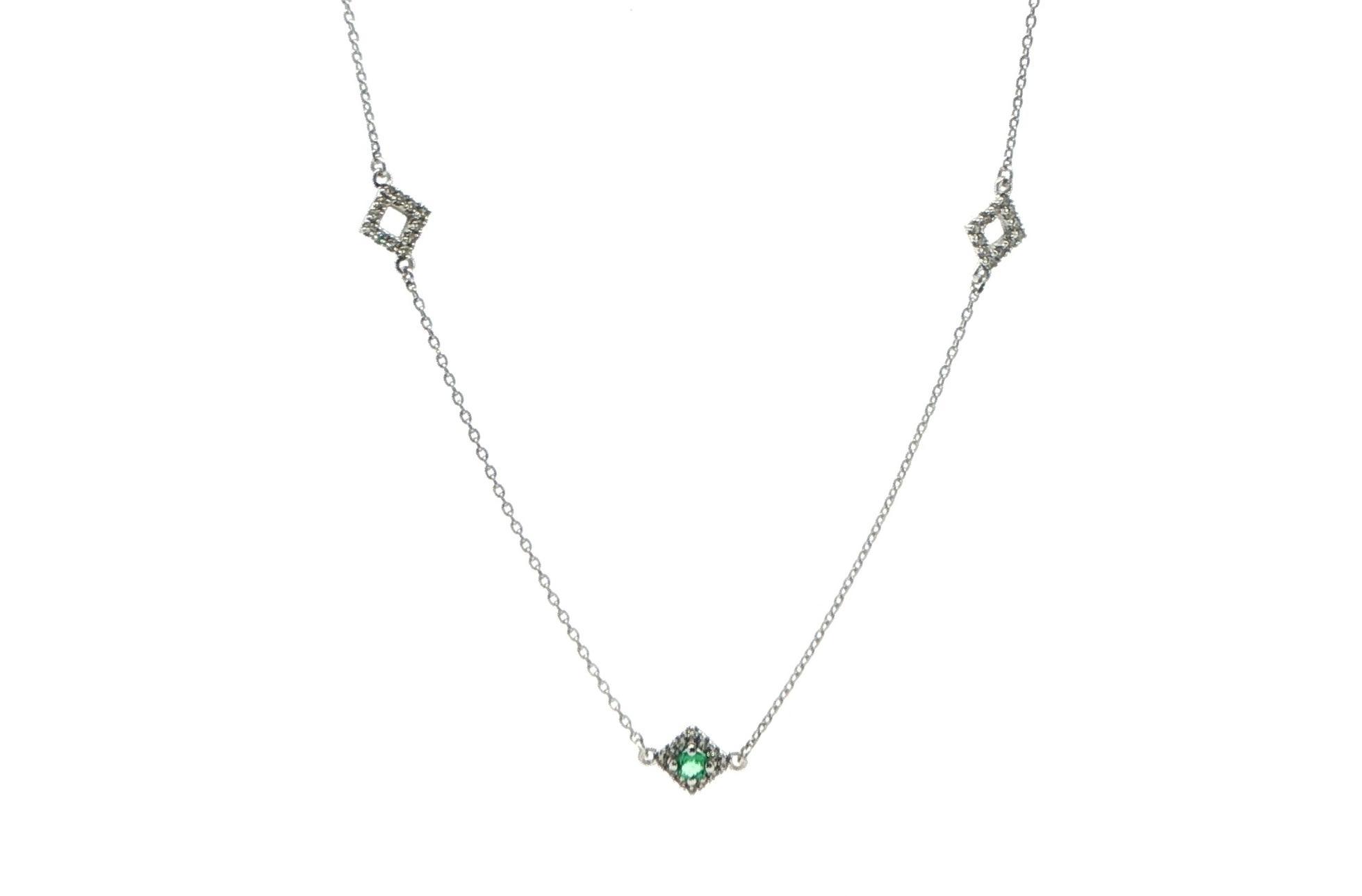 Square Halo Emerald and Diamond Station Necklace in White Gold (0.24cts TWT)