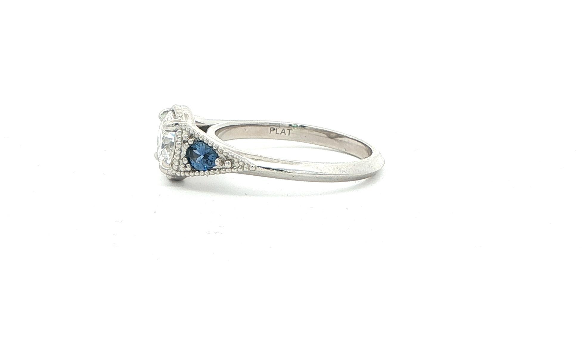 3-Stone Diamond and Pear-cut Montana Yogo Sapphire Engagement Ring with Milgrain Details in Platinum (1.32cts TWT) side