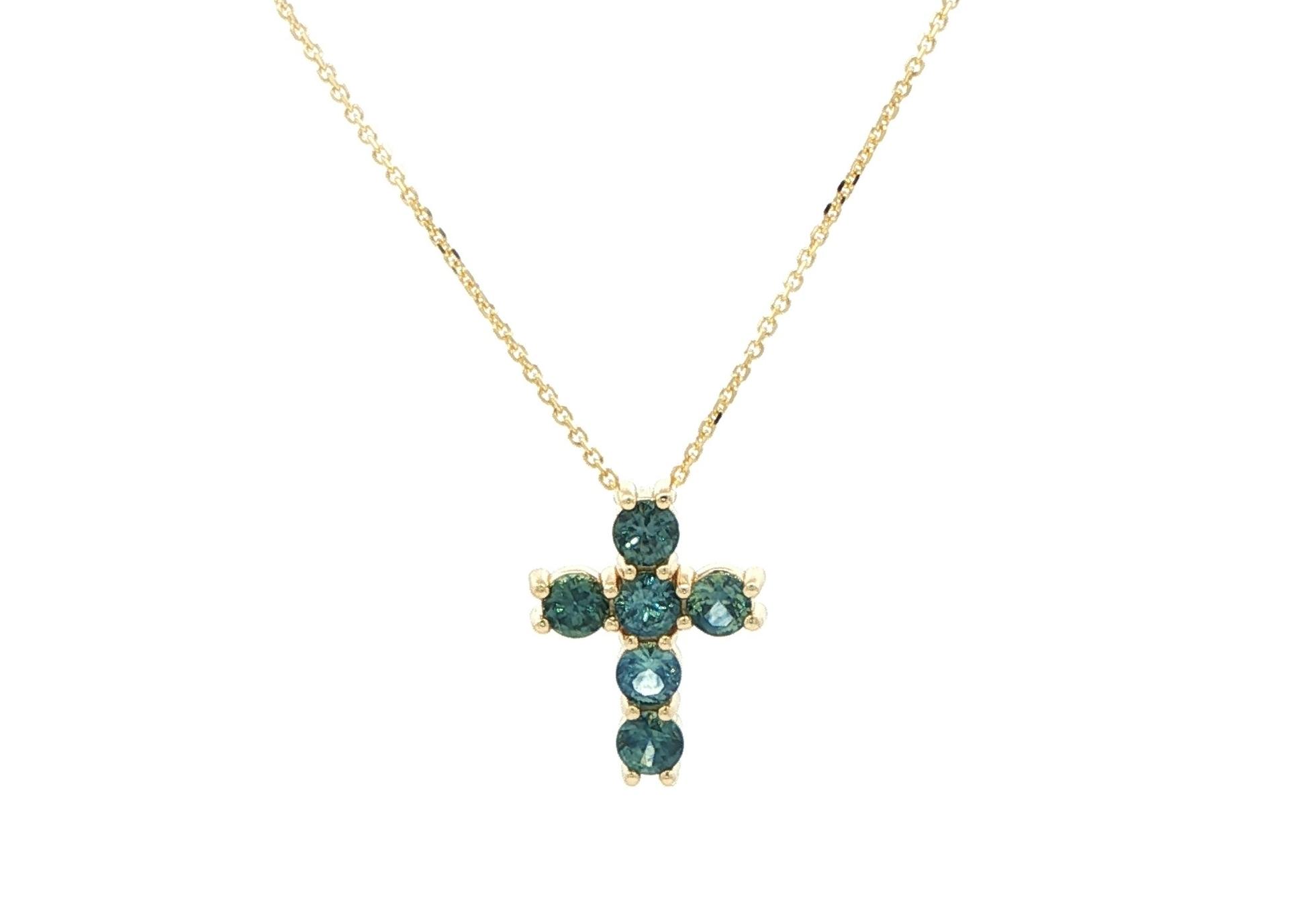 6-Stone Peacock Blue Montana Sapphire Cross Pendant in Yellow Gold (0.78cts TWT)
