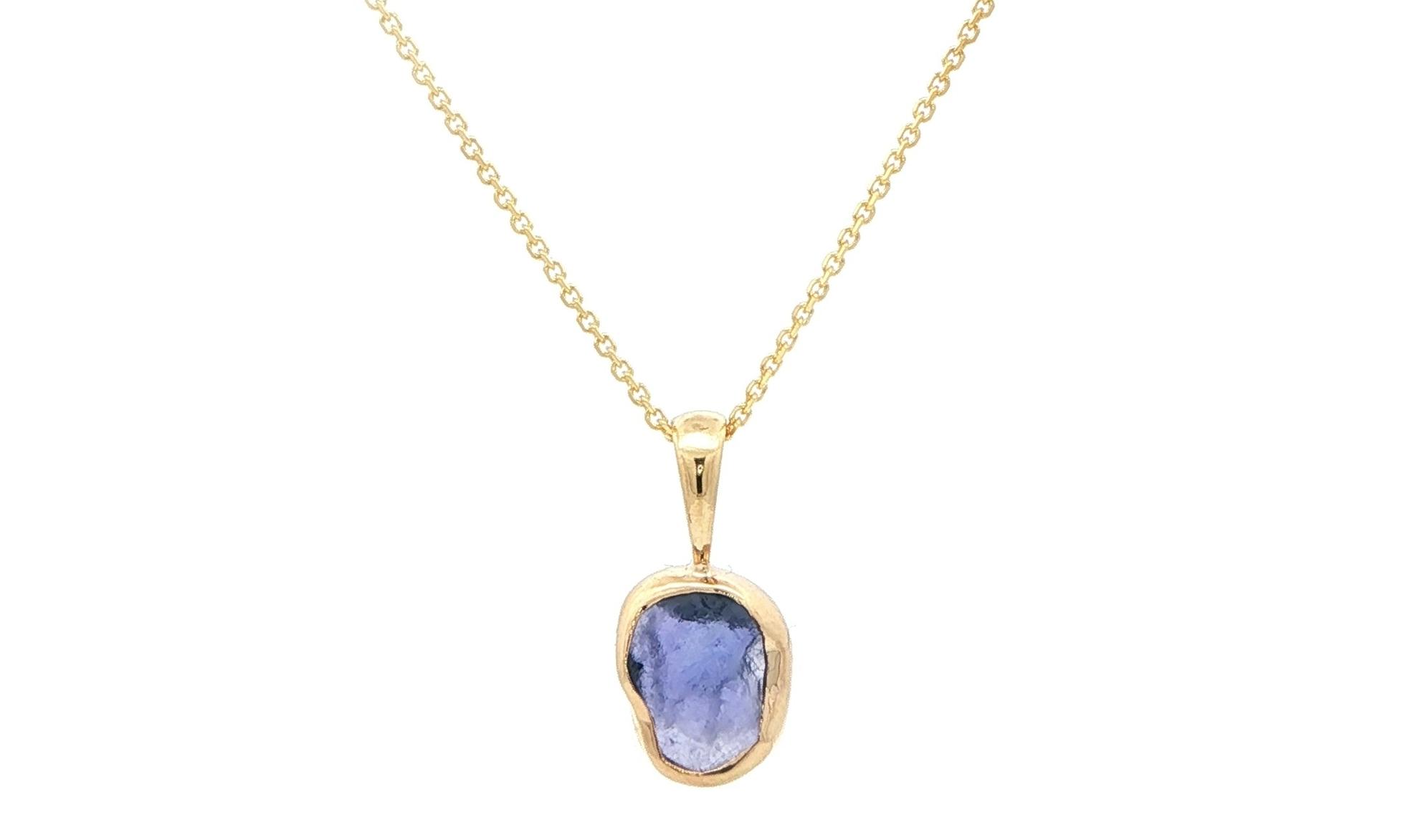 Bezel-set Raw Un-cut Montana Yogo Sapphire Necklace in Yellow Gold (1.21cts)