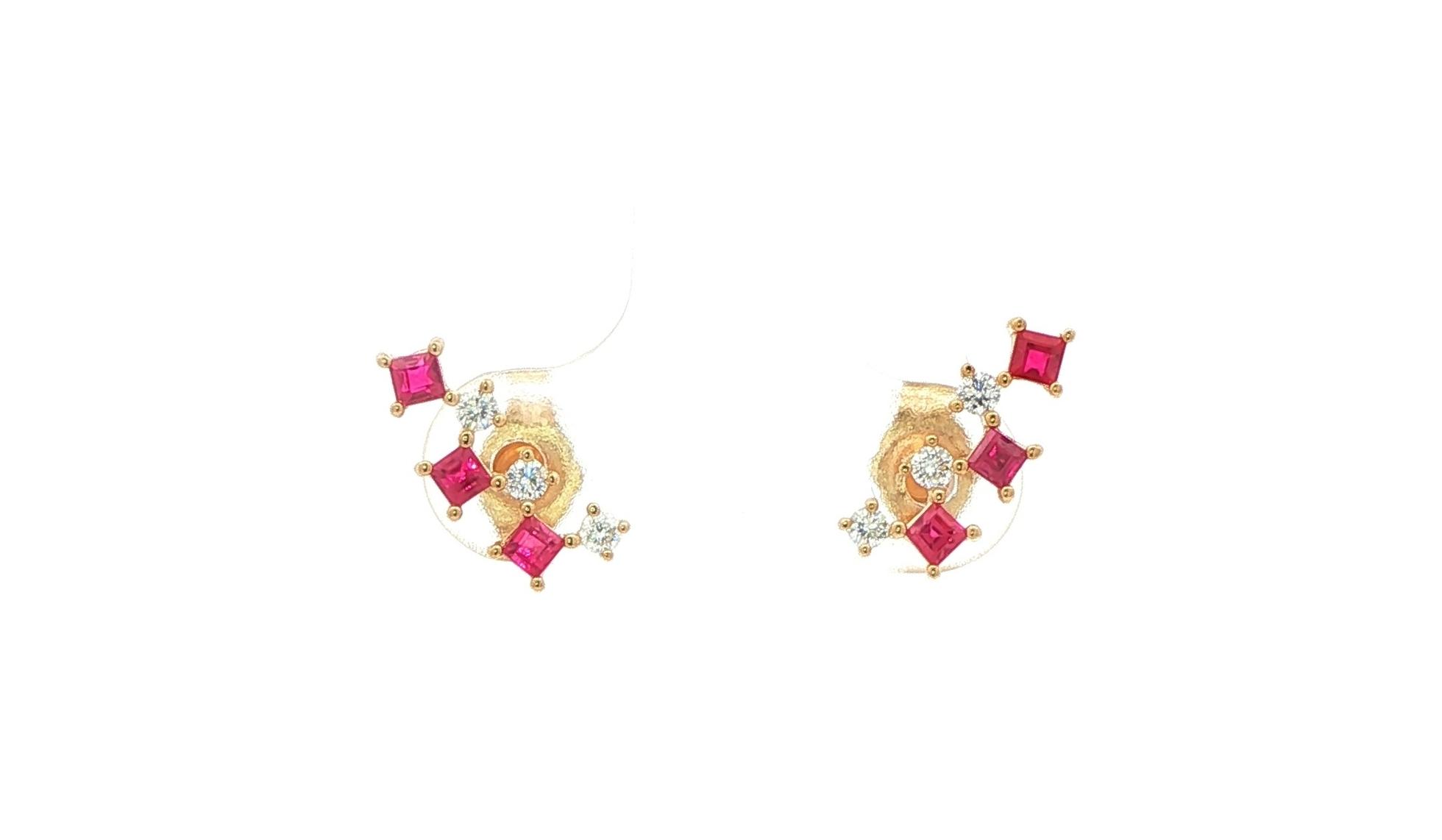 Round Diamond and Princess-Cut Ruby Climber Stud Earrings in Yellow Gold (0.56cts TWT)