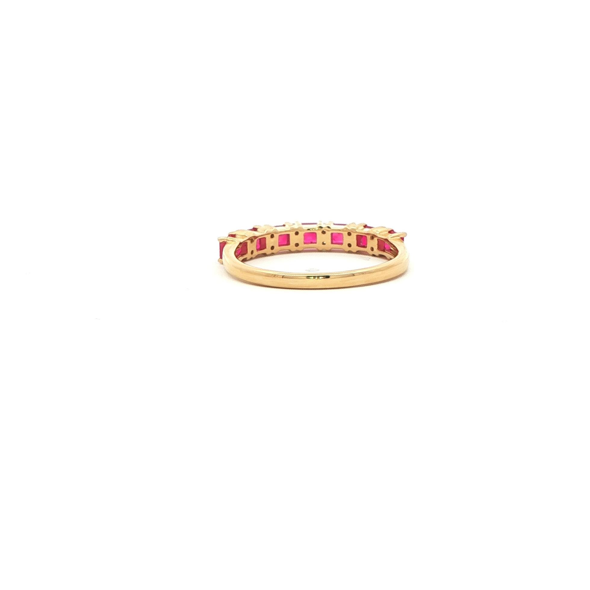 Square Step Cut Red Ruby and Round Diamond Ring Yellow Gold (0.75cts TWT) back