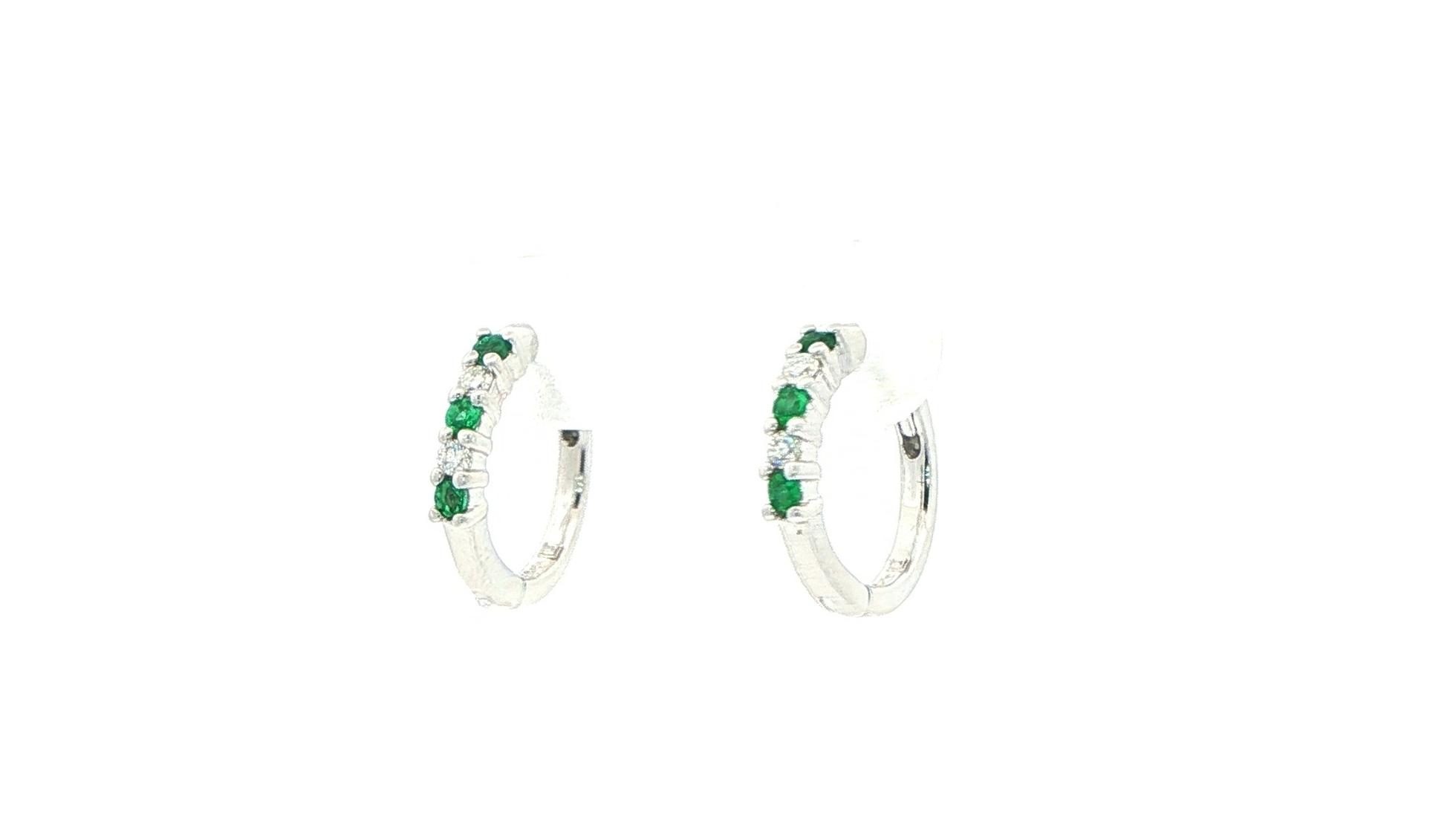 Alternating Emerald and Diamond Hoop Earrings White Gold (0.20cts TWT)