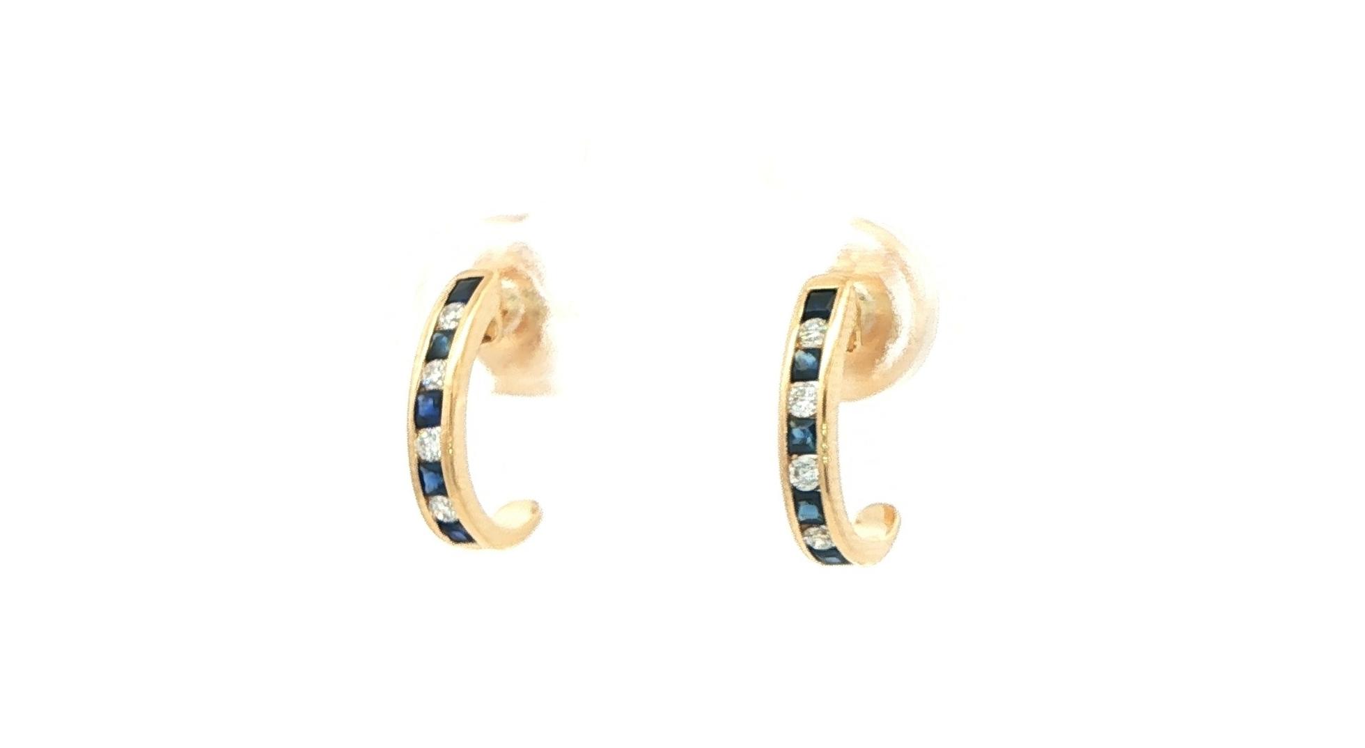 Channel-set Sapphire and Diamond J-Hoop Earrings in Yellow Gold 0.38cts TWT) angled