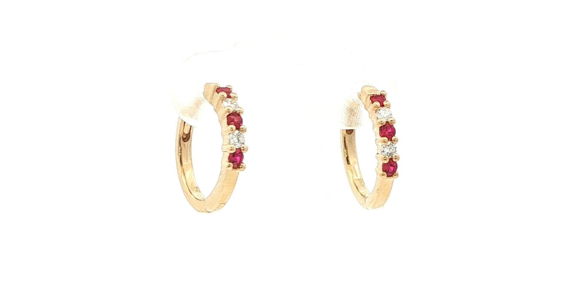 Alternating Ruby and Diamond Hoop Earrings Yellow Gold (0.23cts TWT) side