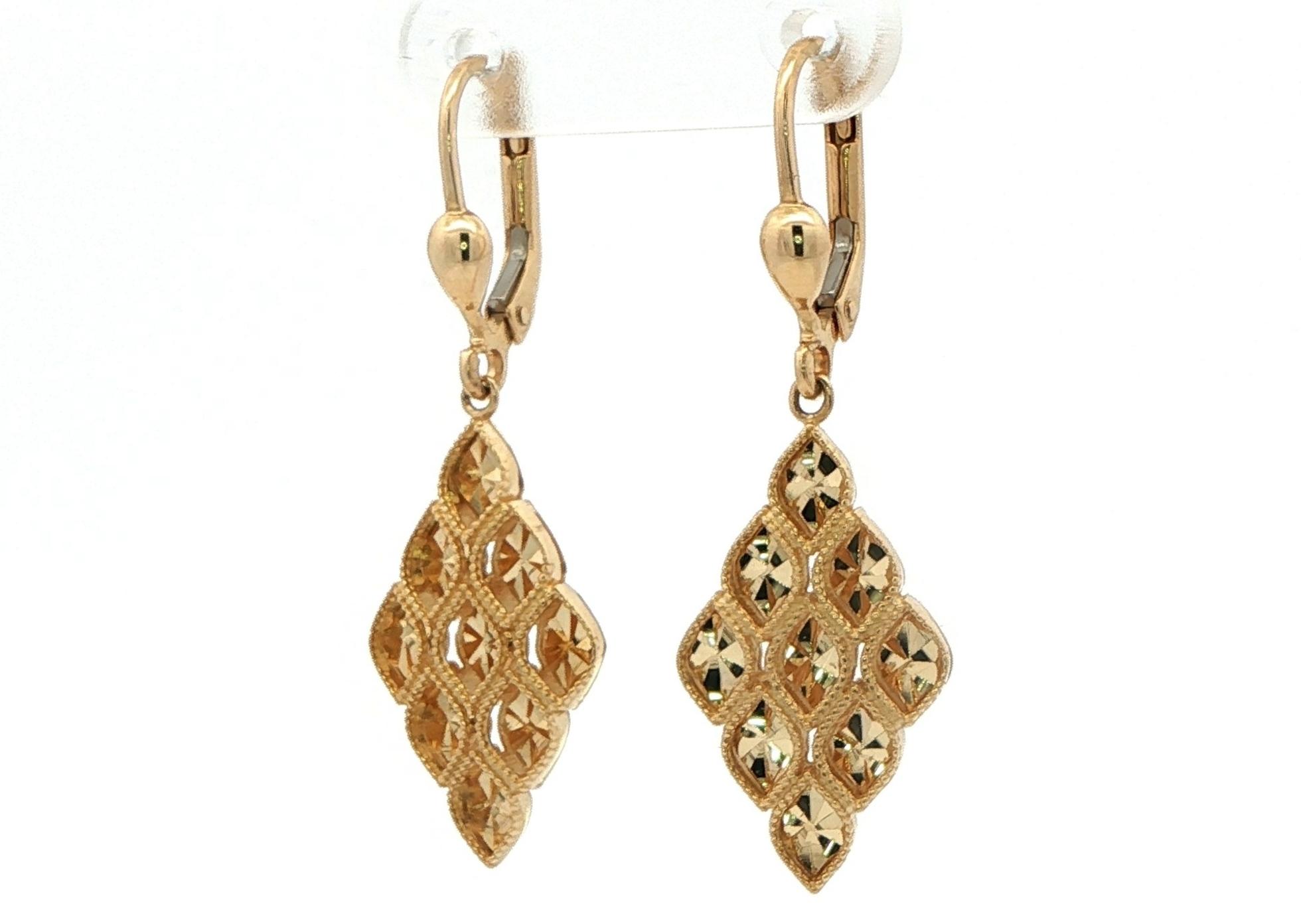 Contemporary Honeycomb Dangle Earrings in Yellow Gold angled