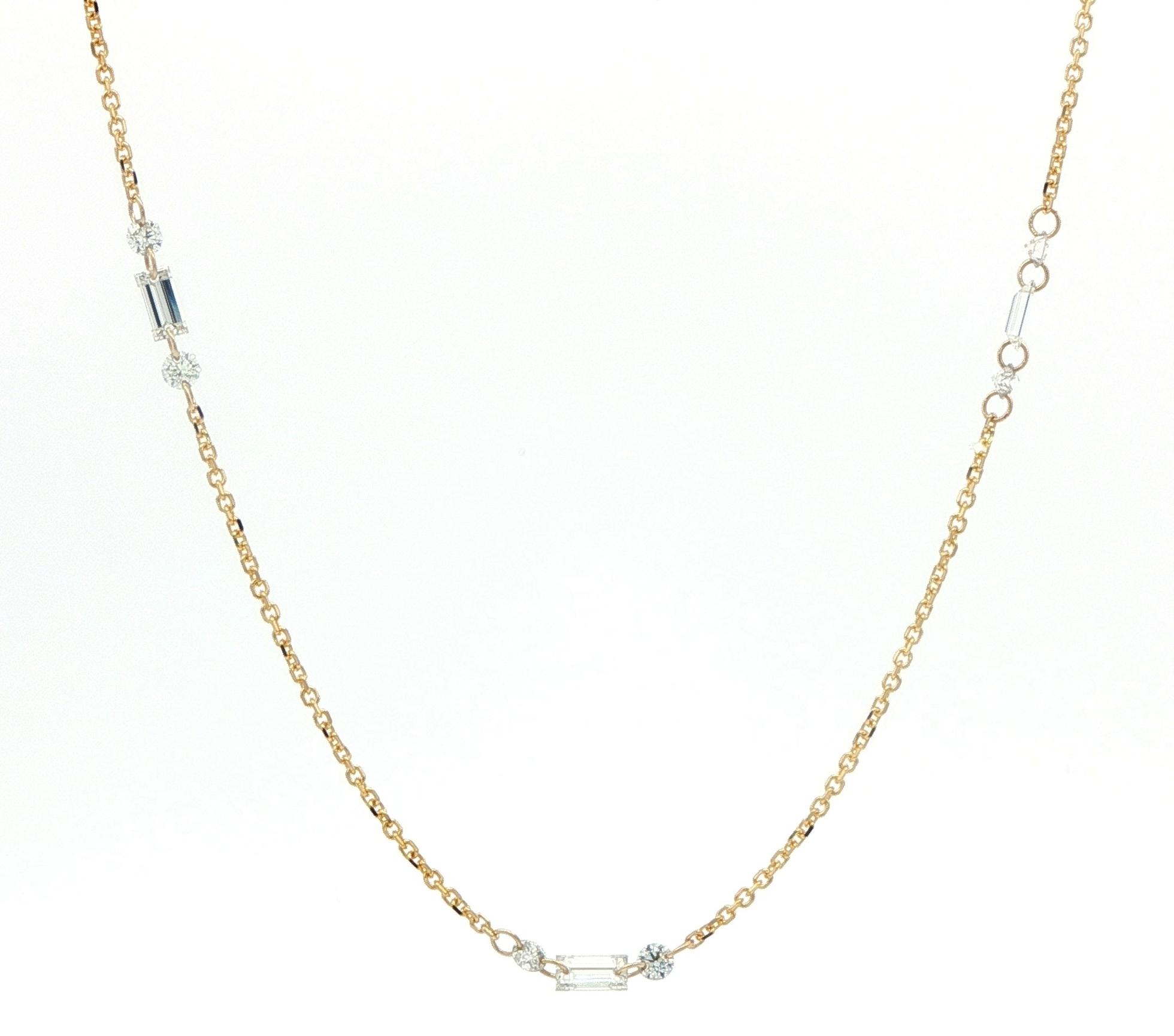 Baguette Cut and Round Diamond Station Necklace in Yellow Gold (0.66cts TWT)