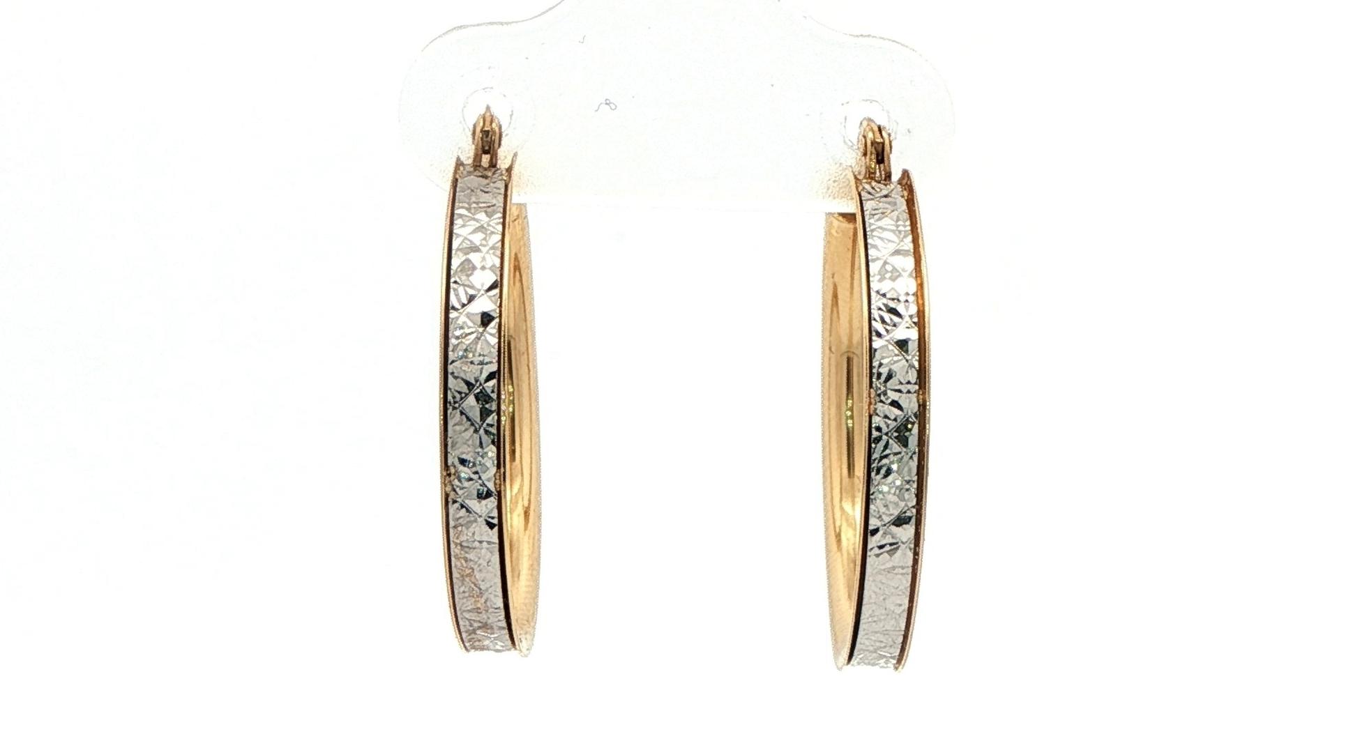 Hoop Earrings in Two-tone Textured White Gold Center and Yellow Gold Edge