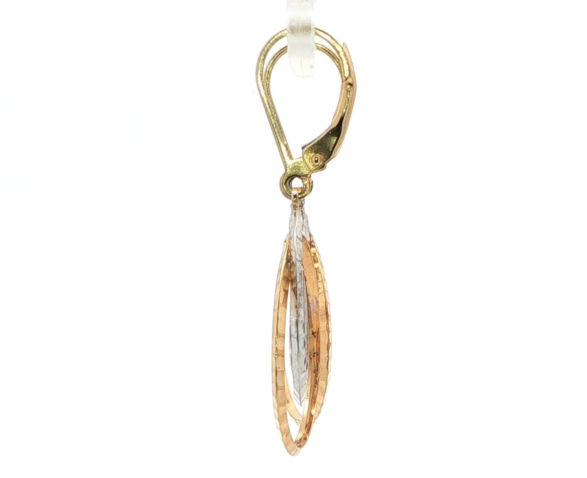 Double Teardrop Dangle Earrings with Hammered Finish in Two-tone Yellow and White Gold  side