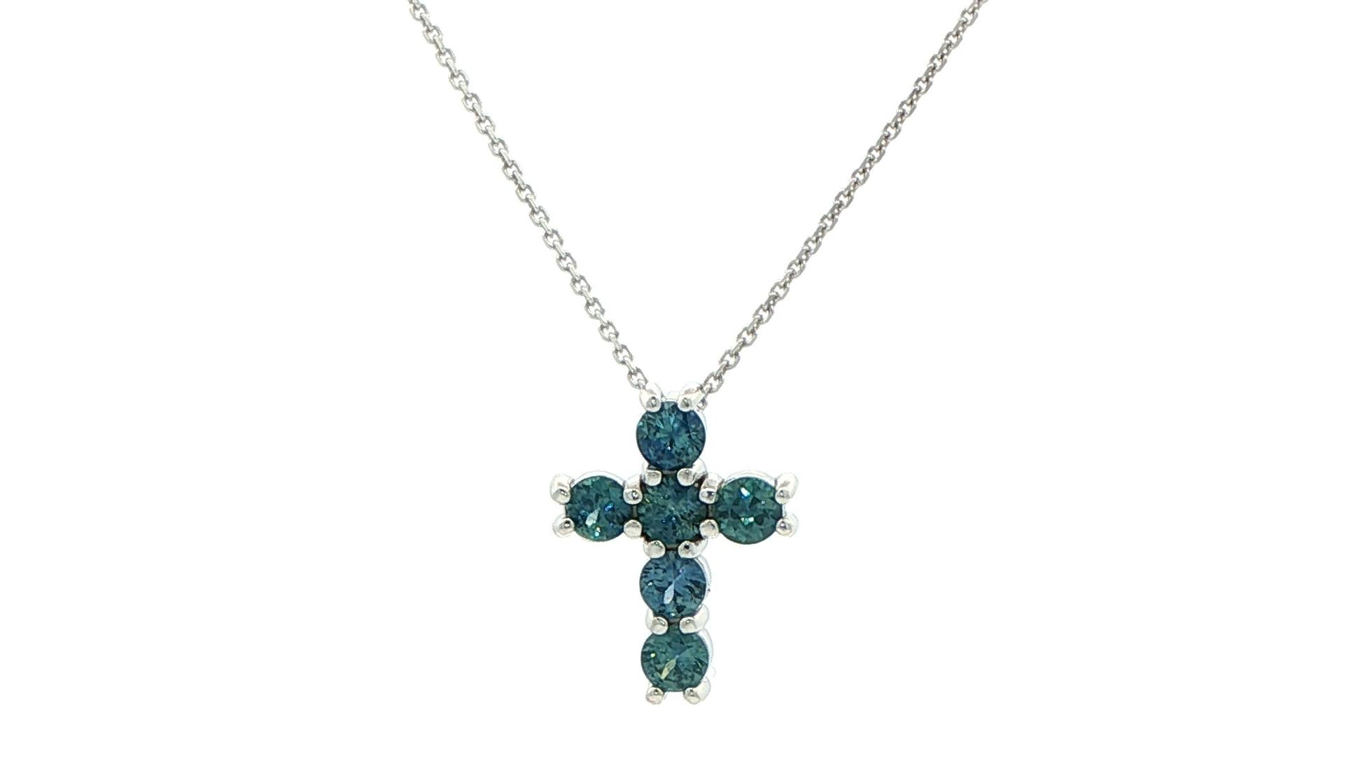 Peacock Blue Montana Sapphire Cross Pendant in White Gold (0.75cts TWT)