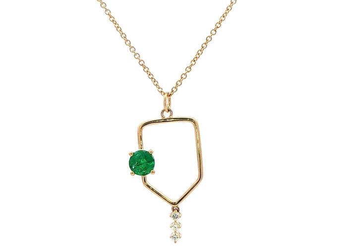content/products/Geometric Emerald and Diamond Dangle Charm Necklace in Yellow Gold (0.79cts TWT)