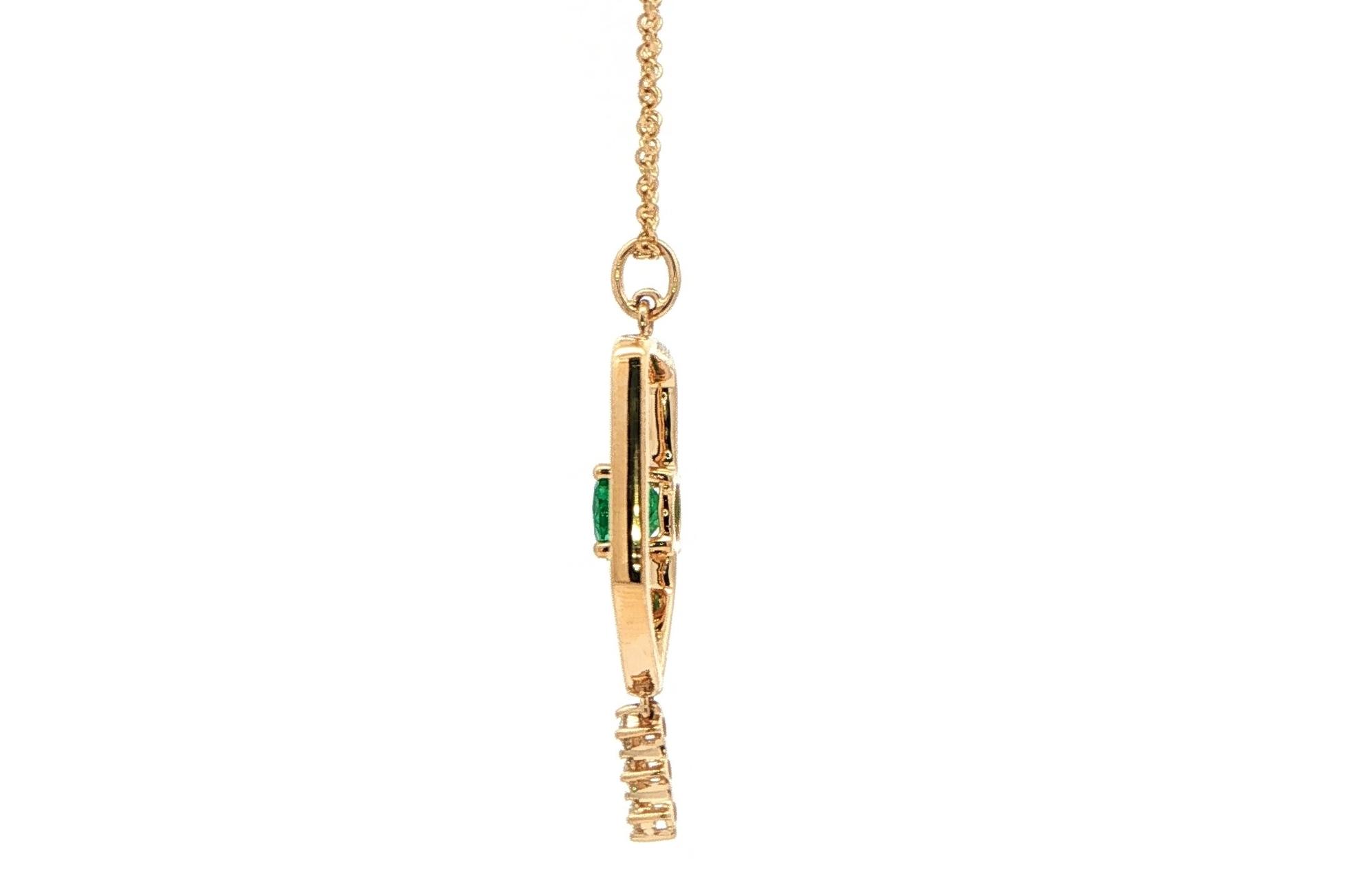Geometric Emerald and Diamond Dangle Charm Necklace in Yellow Gold (0.79cts TWT) side