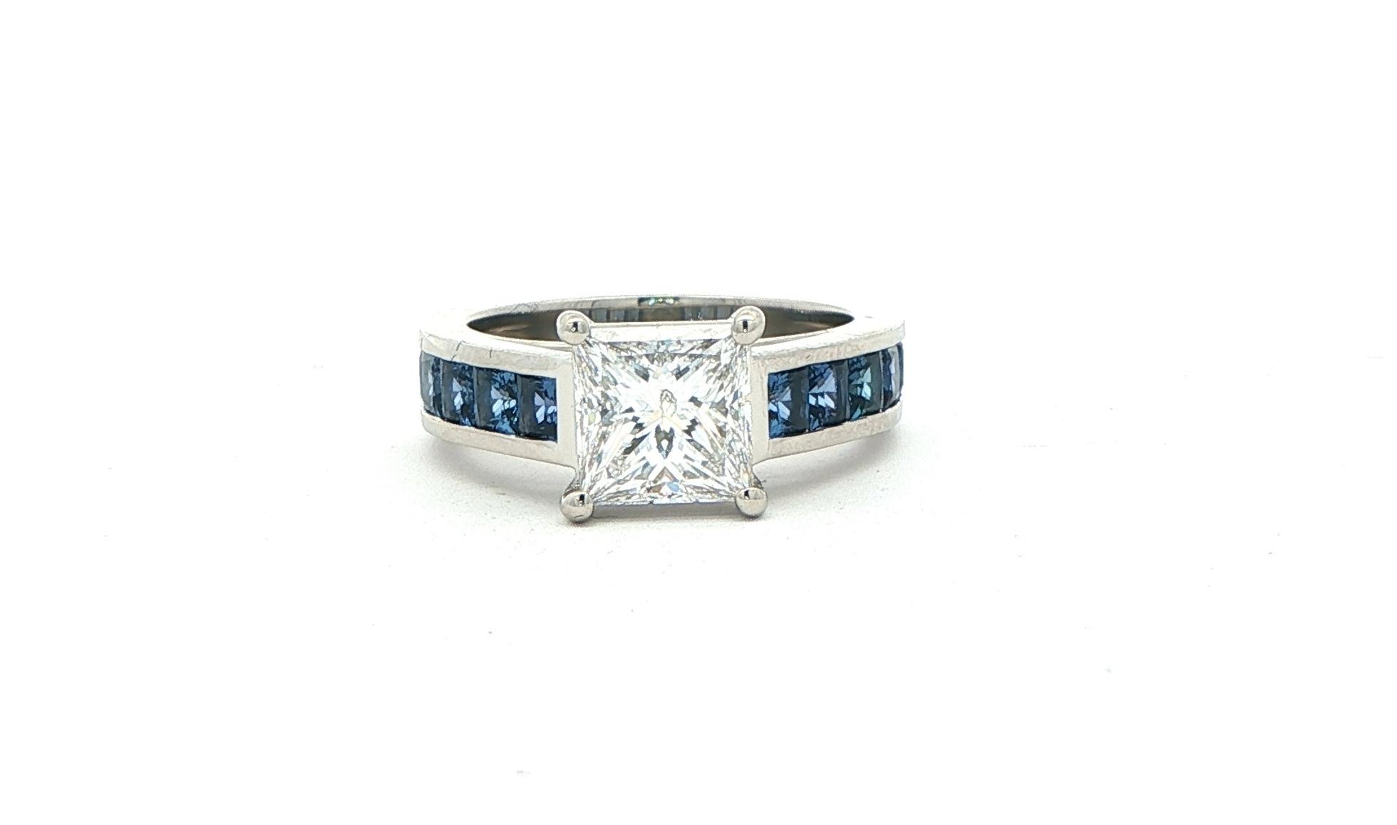 Princess Cut Diamond and Channel Set Montana Yogo Sapphire Engagement Ring in Platinum (4.03cts TWT)