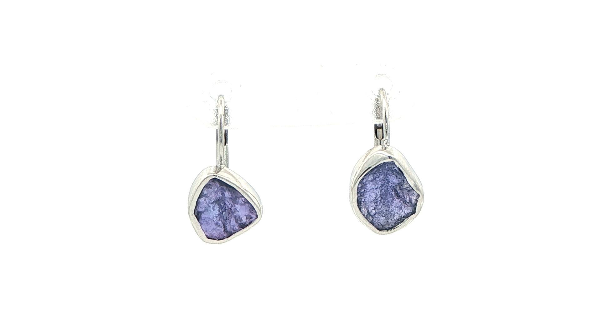 Bezel Raw Un-cut Huckleberry Sapphire Leverback Earrings in White Gold (1.91cts TWT)
