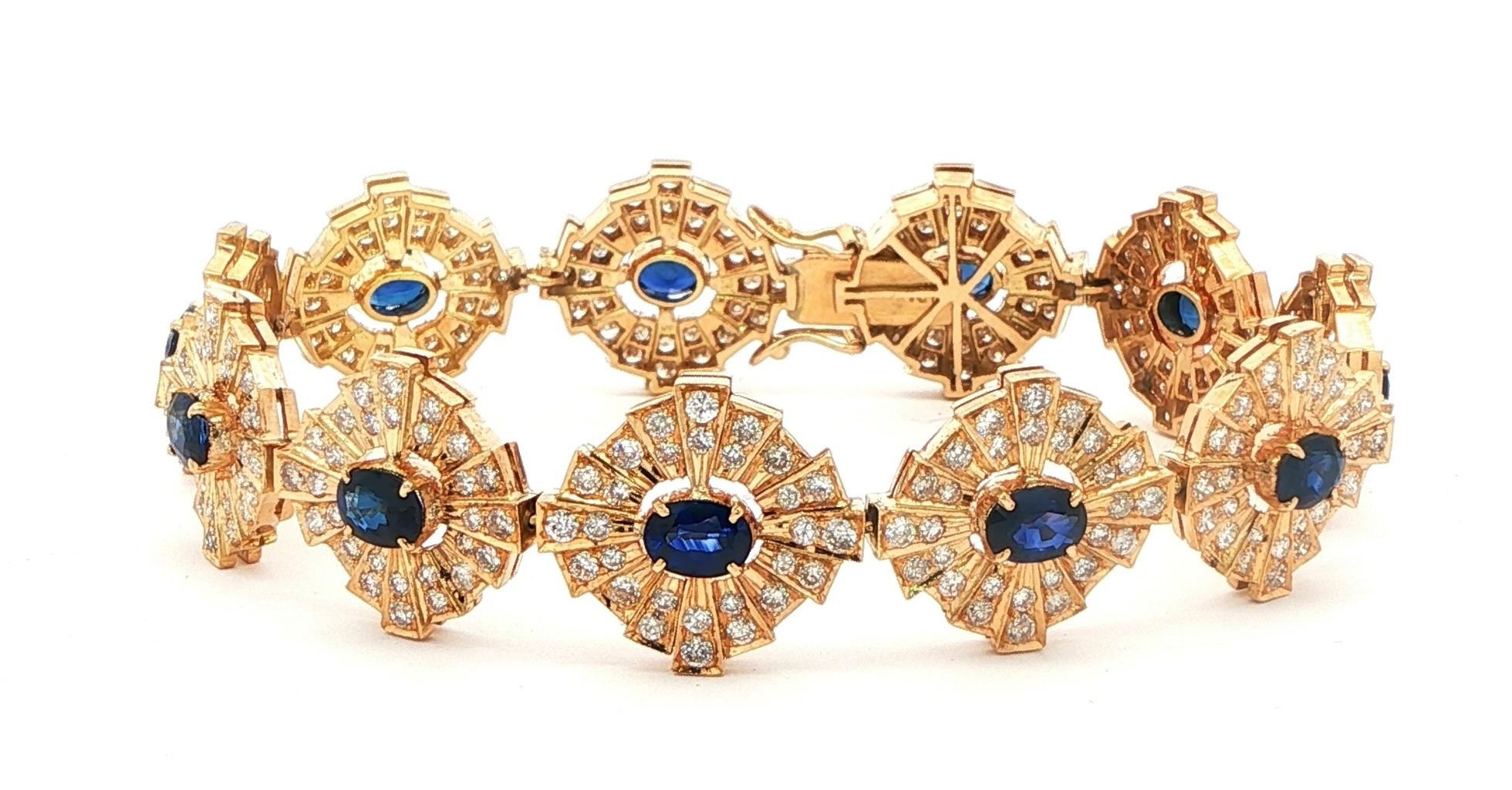 Estate Piece: Vintage Sunburst Blue Sapphire and Diamond Geometric Link Bracelet in Yellow Gold (7.15cts TWT)